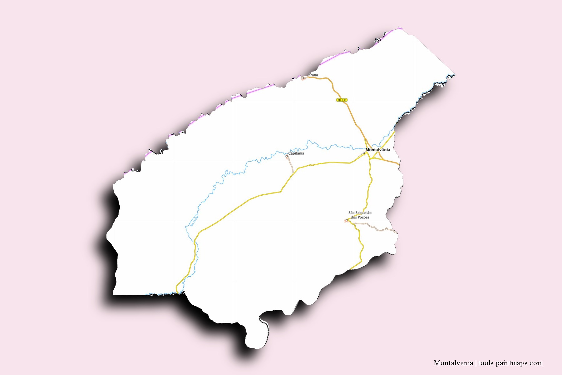 Mapa de barrios y pueblos de Montalvania con efecto de sombra 3D