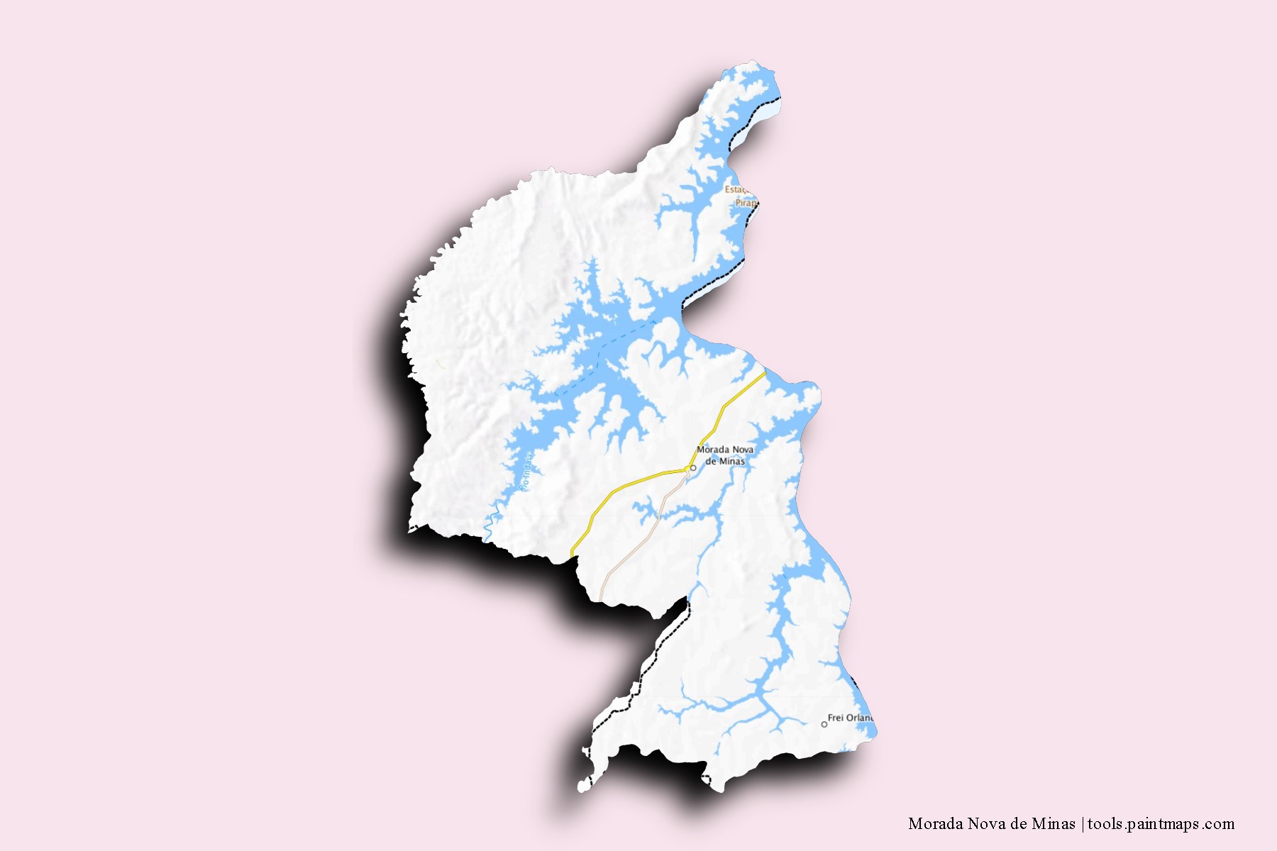 Mapa de barrios y pueblos de Morada Nova de Minas con efecto de sombra 3D