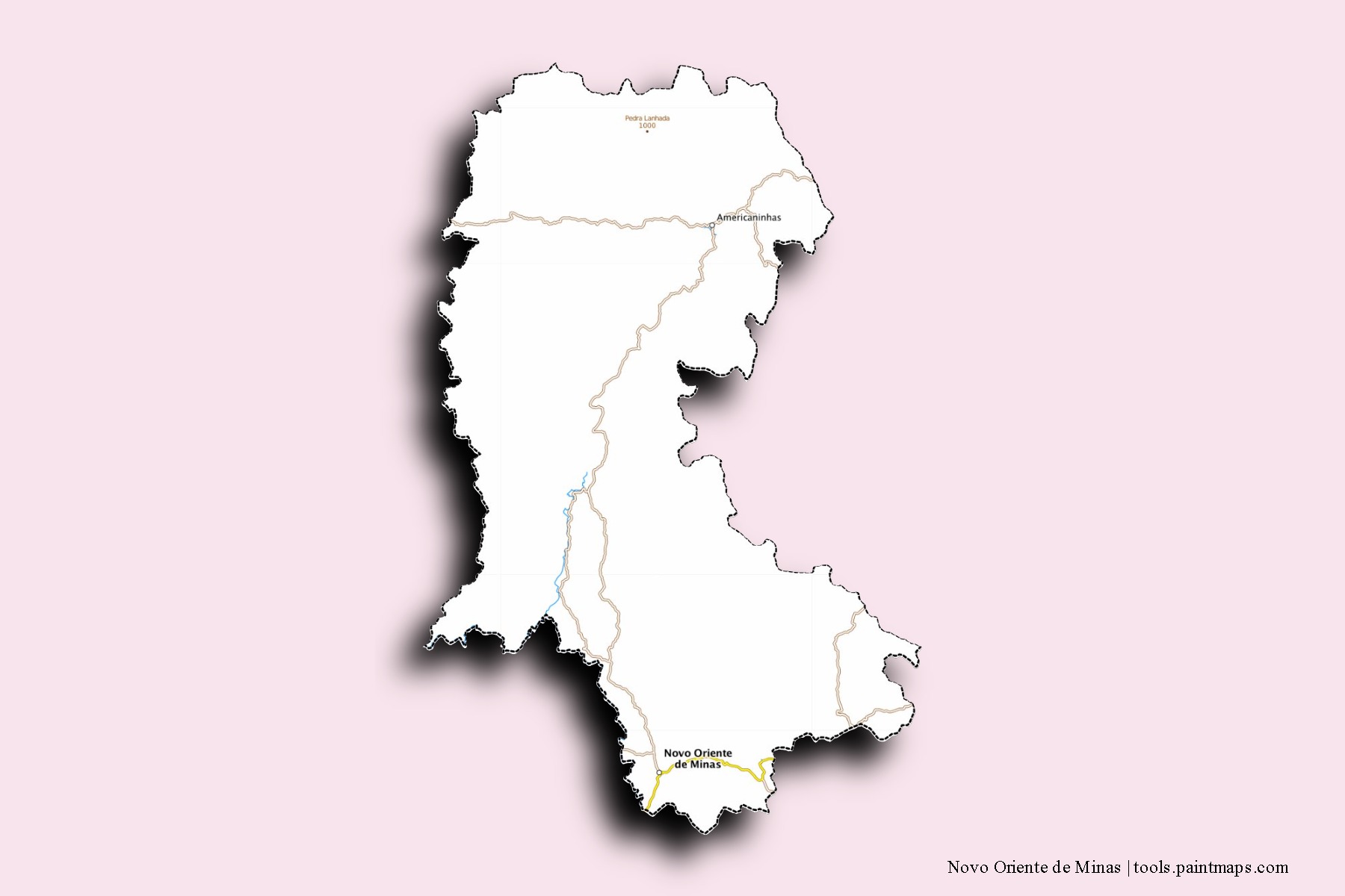 Mapa de barrios y pueblos de Novo Oriente de Minas con efecto de sombra 3D
