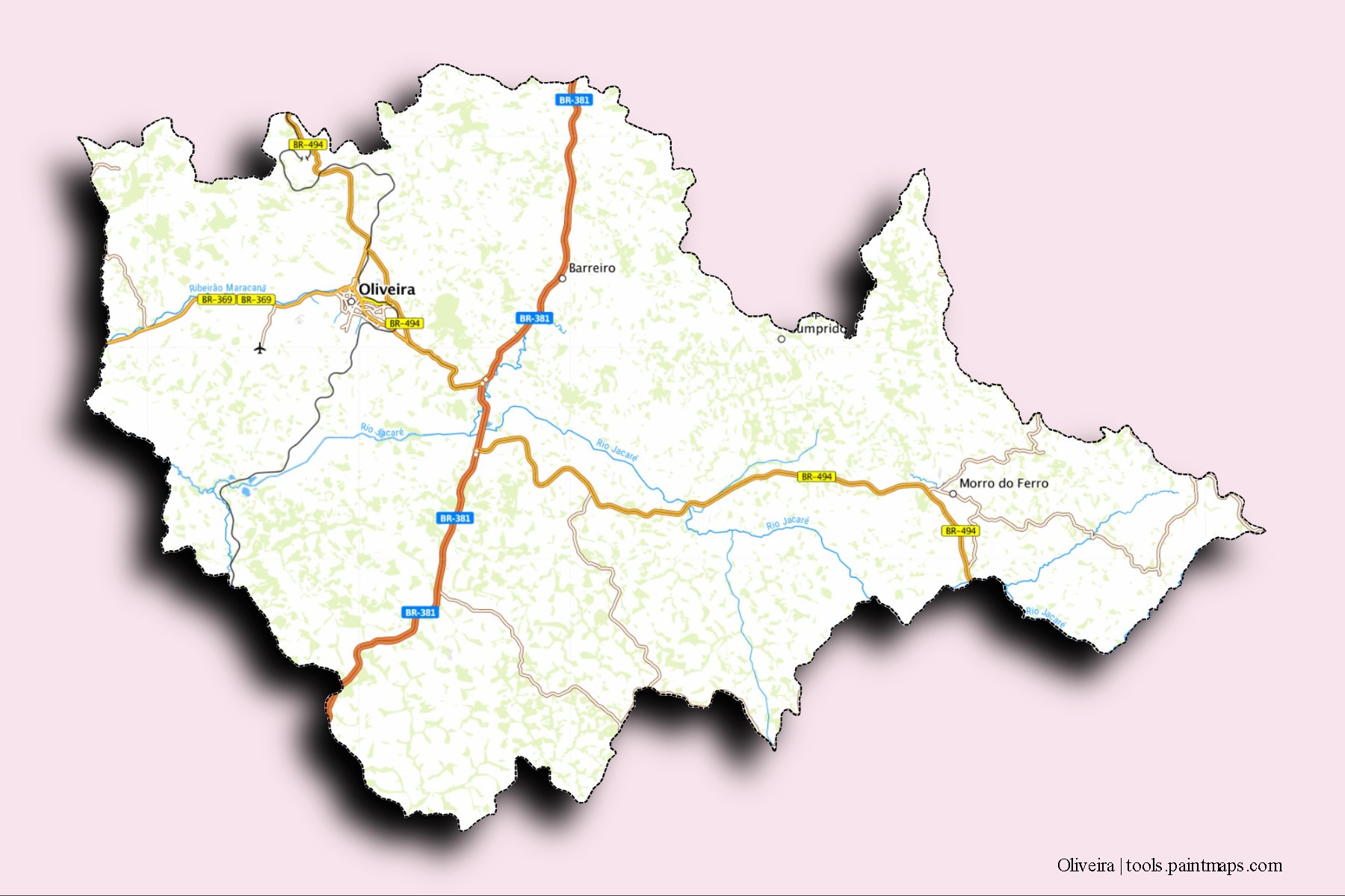 Mapa de barrios y pueblos de Oliveira con efecto de sombra 3D