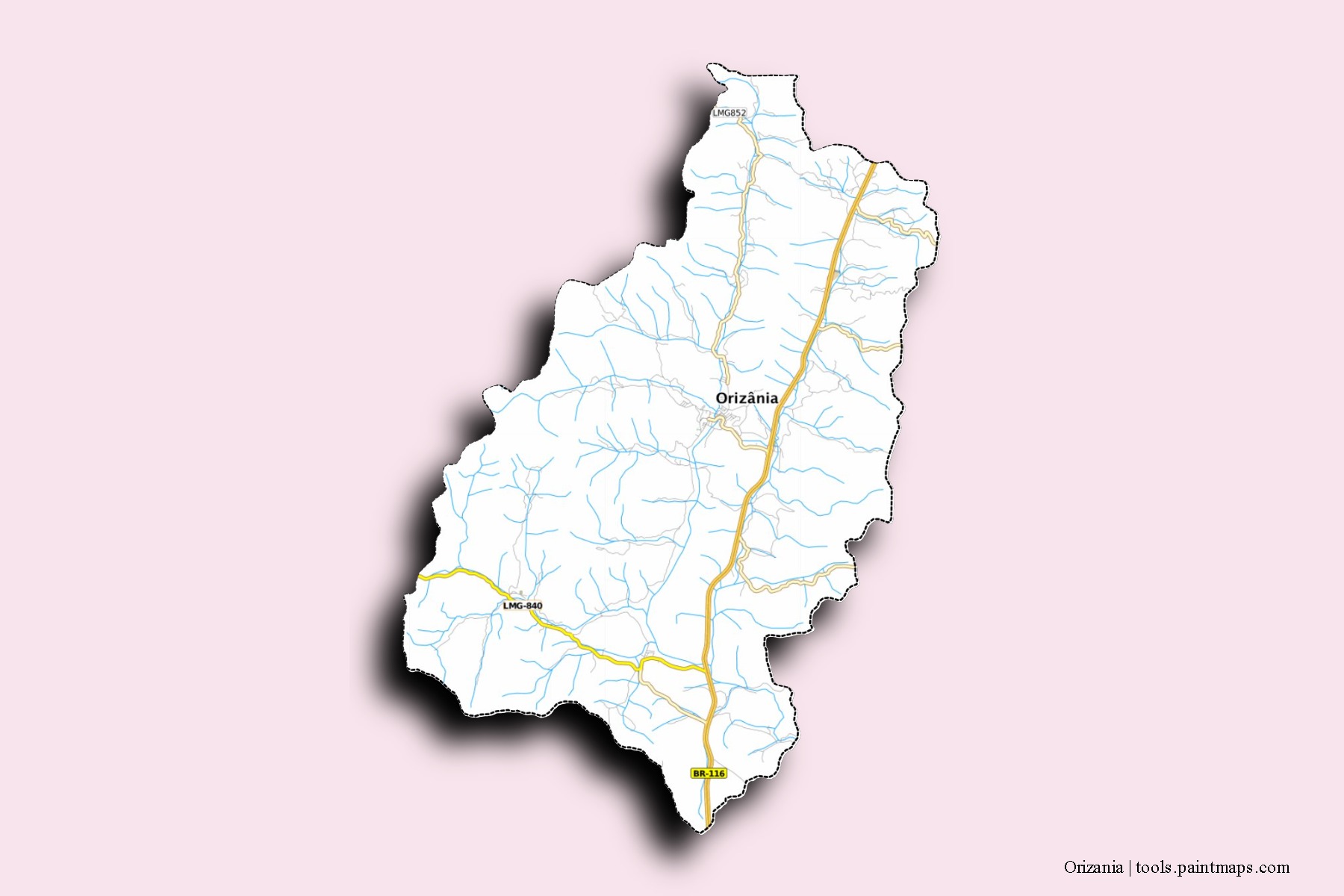 Mapa de barrios y pueblos de Orizania con efecto de sombra 3D