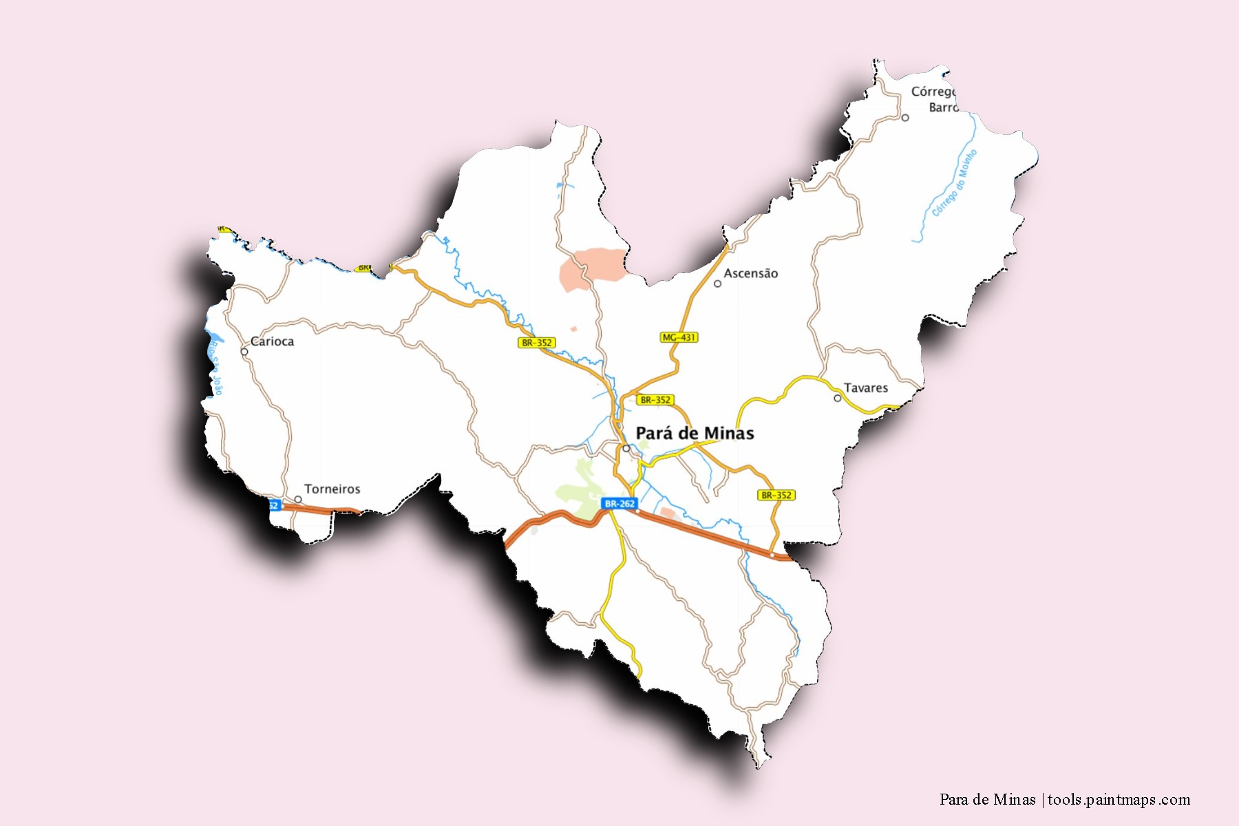 Mapa de barrios y pueblos de Para de Minas con efecto de sombra 3D