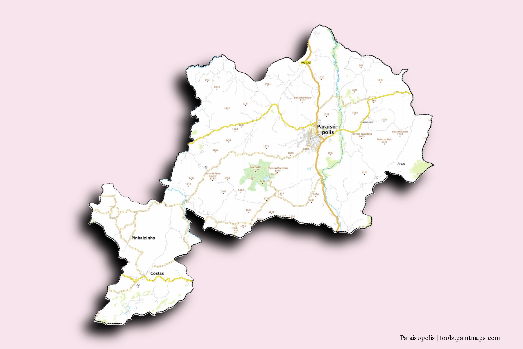 Mapa de barrios y pueblos de Paraisopolis con efecto de sombra 3D