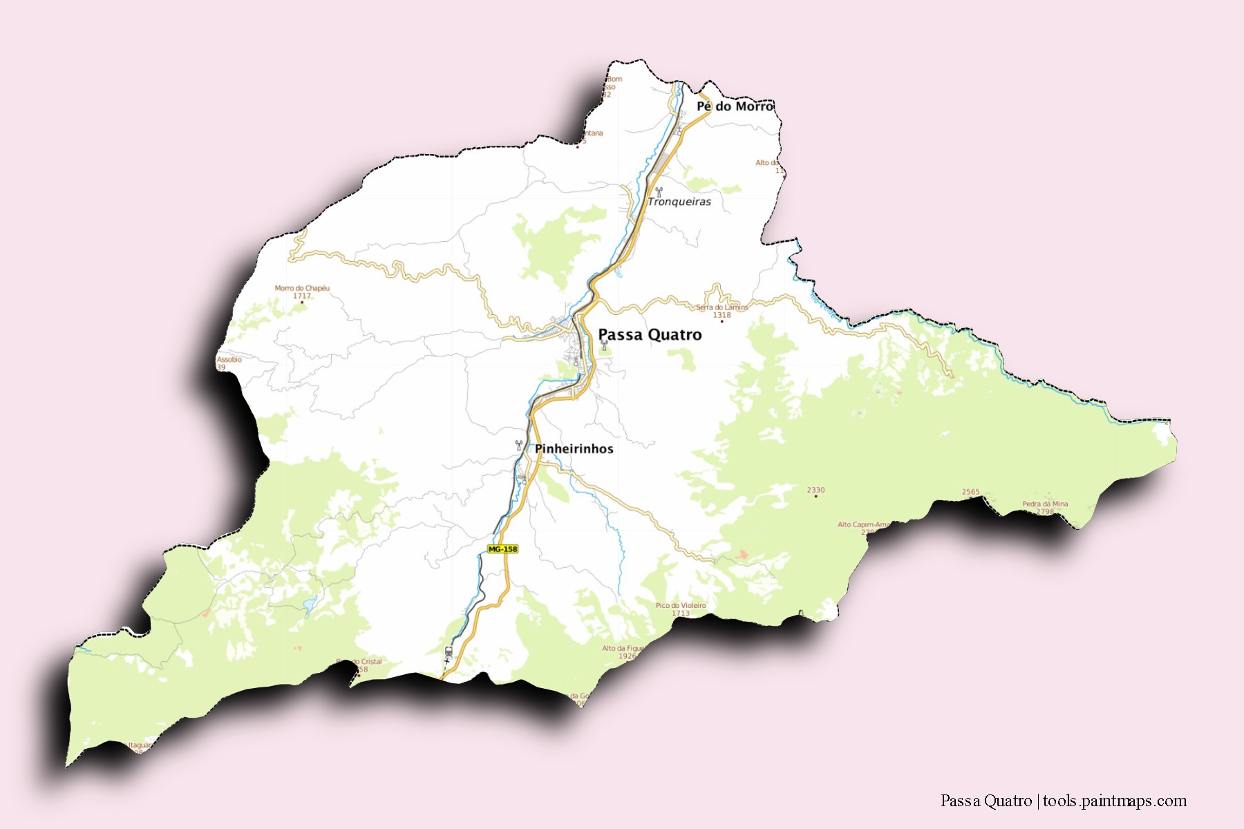 Mapa de barrios y pueblos de Passa Quatro con efecto de sombra 3D