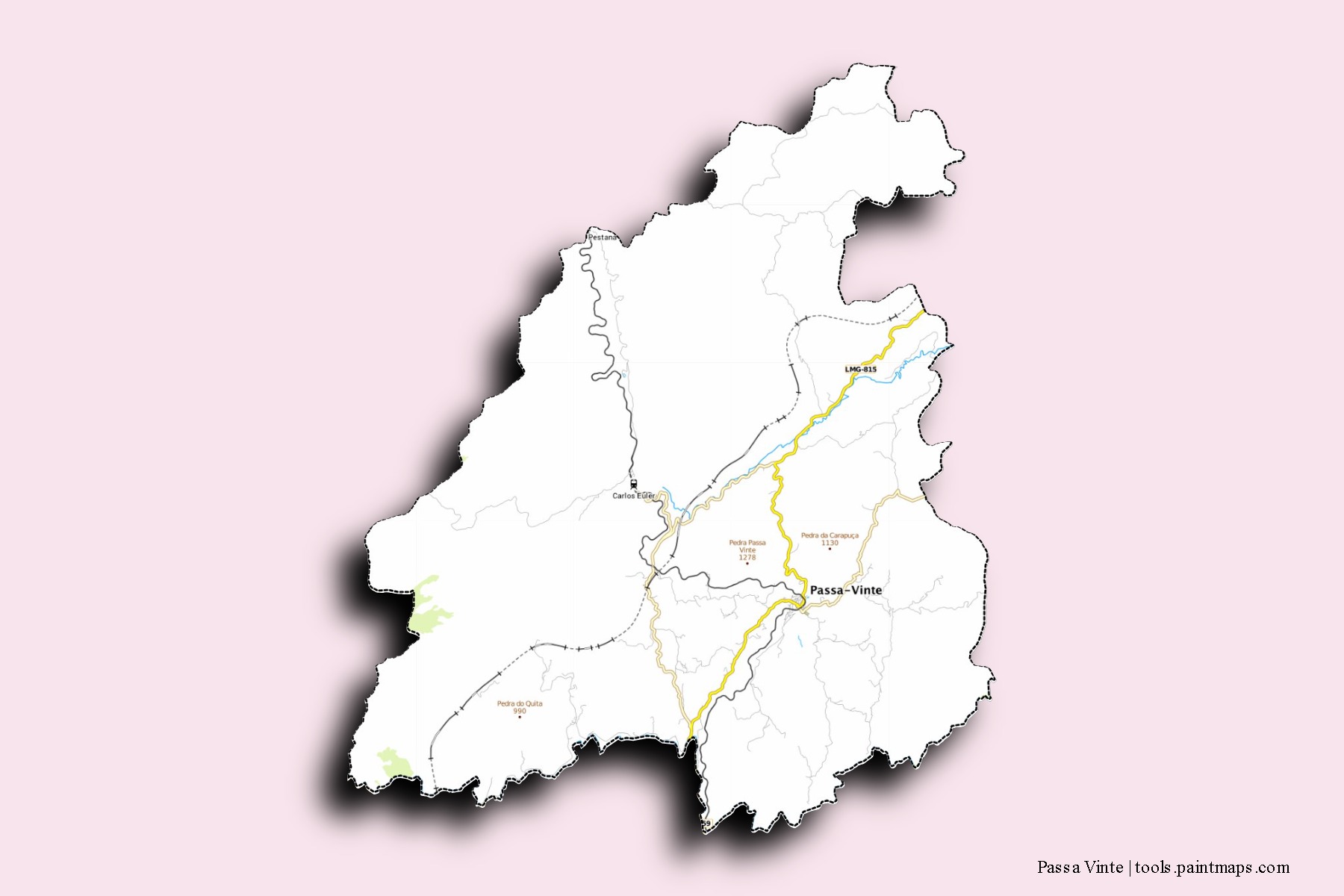 Mapa de barrios y pueblos de Passa Vinte con efecto de sombra 3D