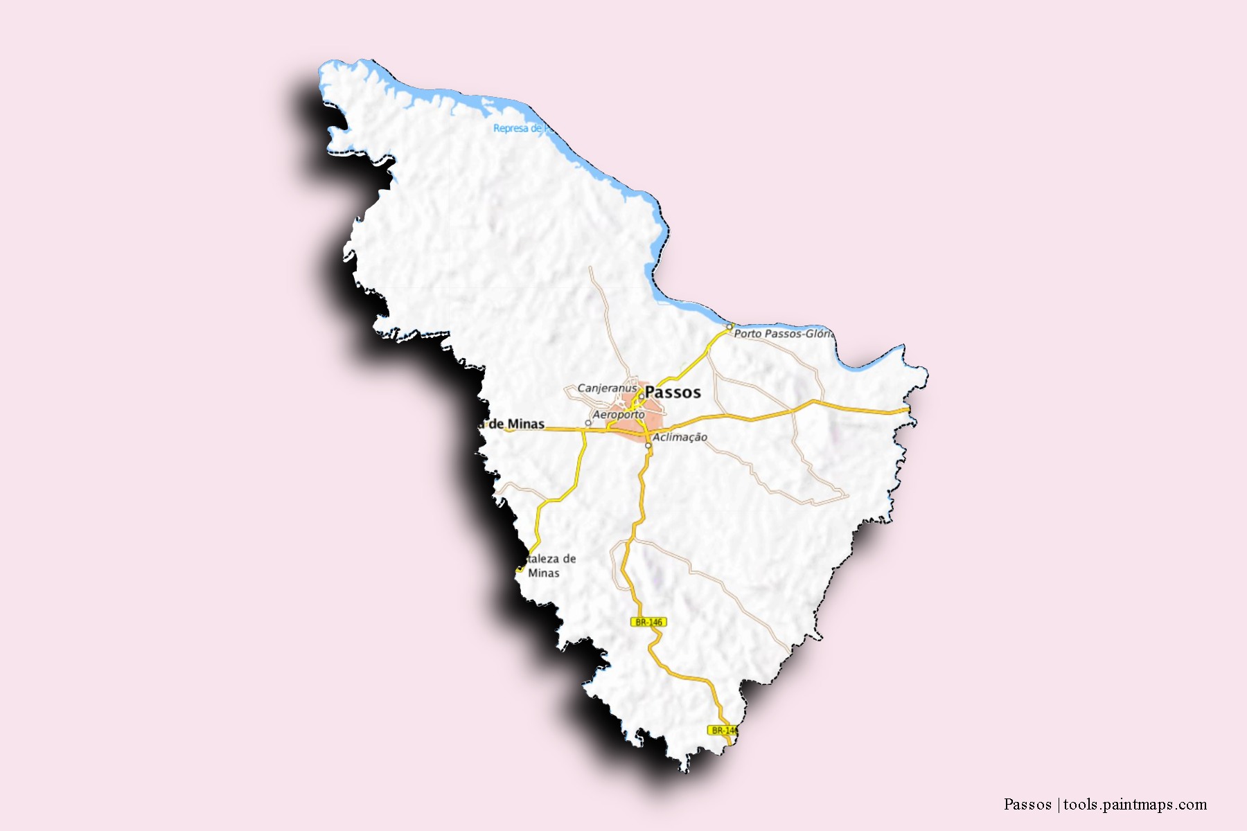 Mapa de barrios y pueblos de Passos con efecto de sombra 3D