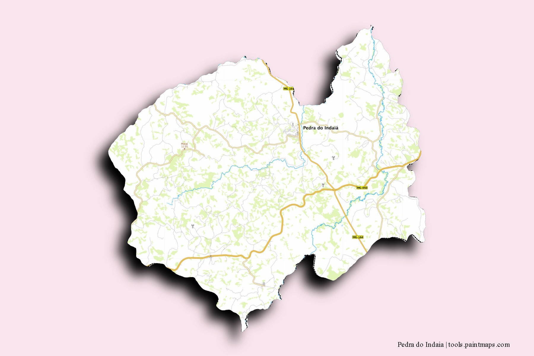 Mapa de barrios y pueblos de Pedra do Indaia con efecto de sombra 3D