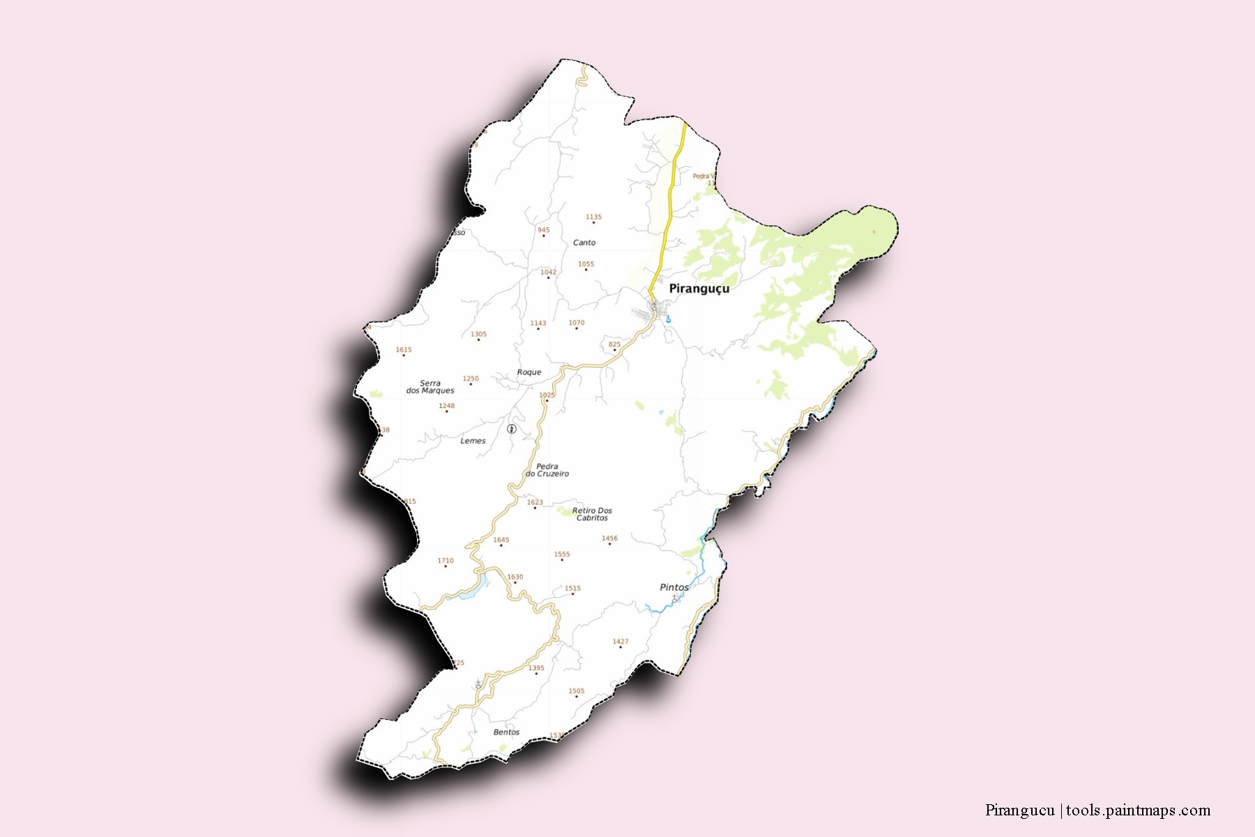 Mapa de barrios y pueblos de Pirangucu con efecto de sombra 3D