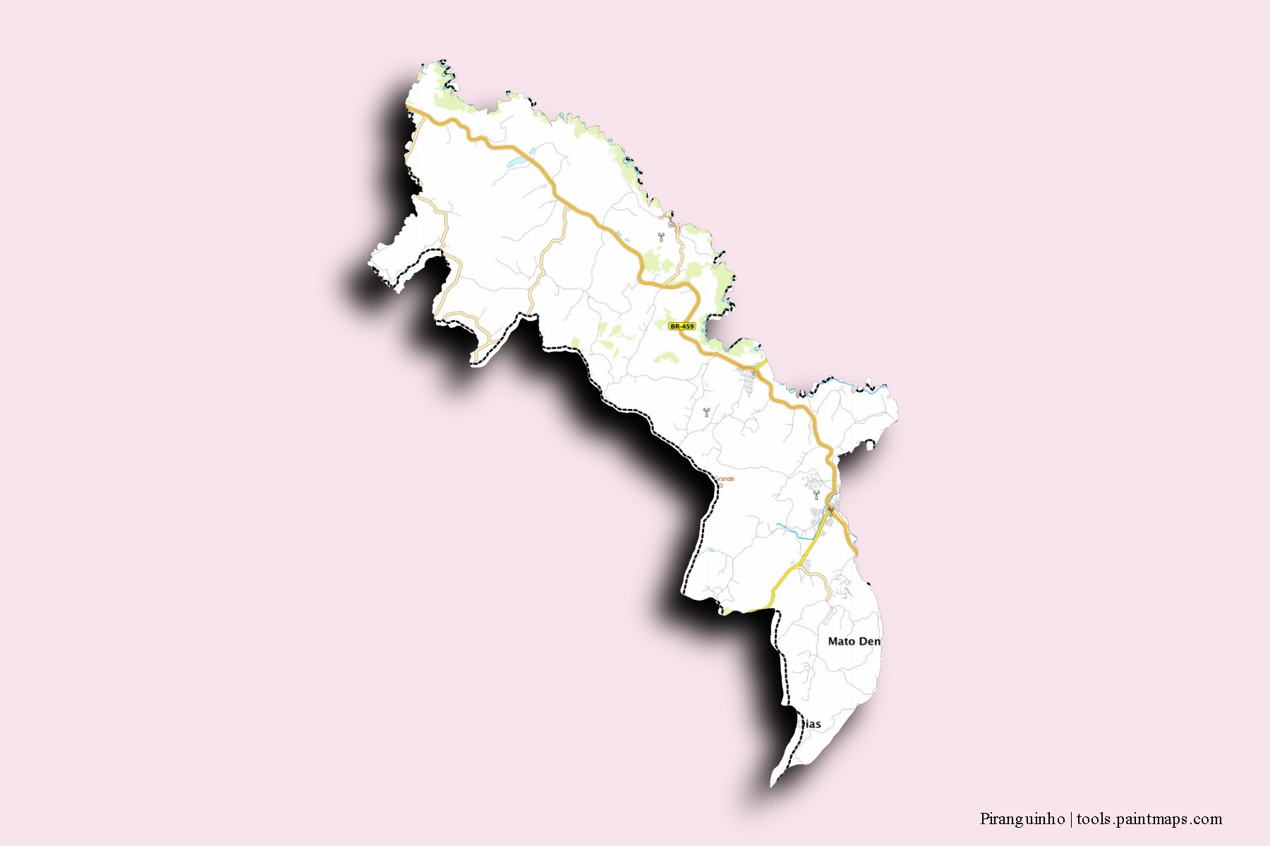 Mapa de barrios y pueblos de Piranguinho con efecto de sombra 3D