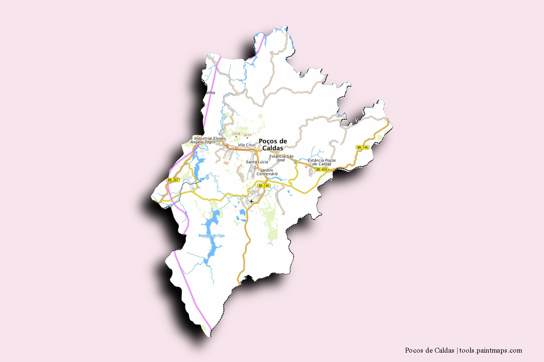 Mapa de barrios y pueblos de Pocos de Caldas con efecto de sombra 3D