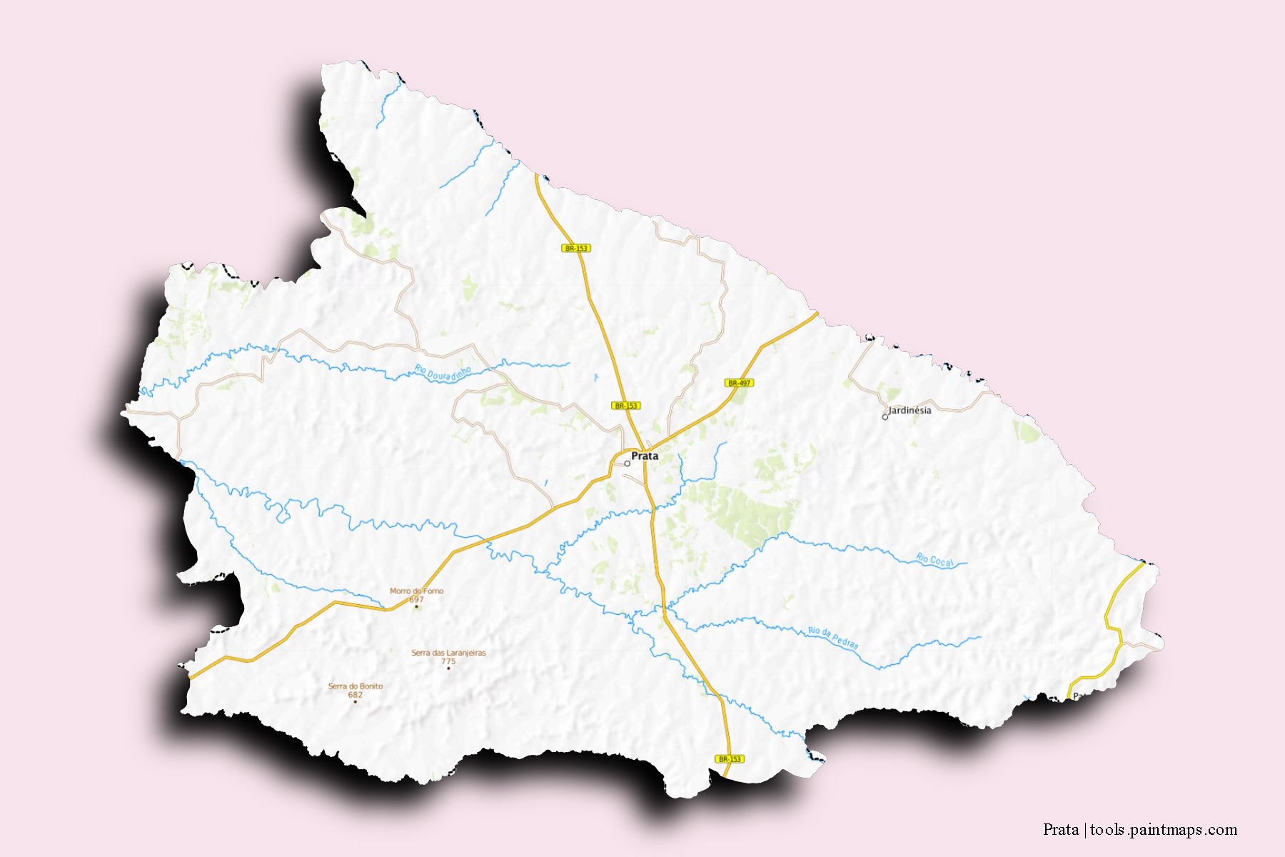 Mapa de barrios y pueblos de Prata con efecto de sombra 3D