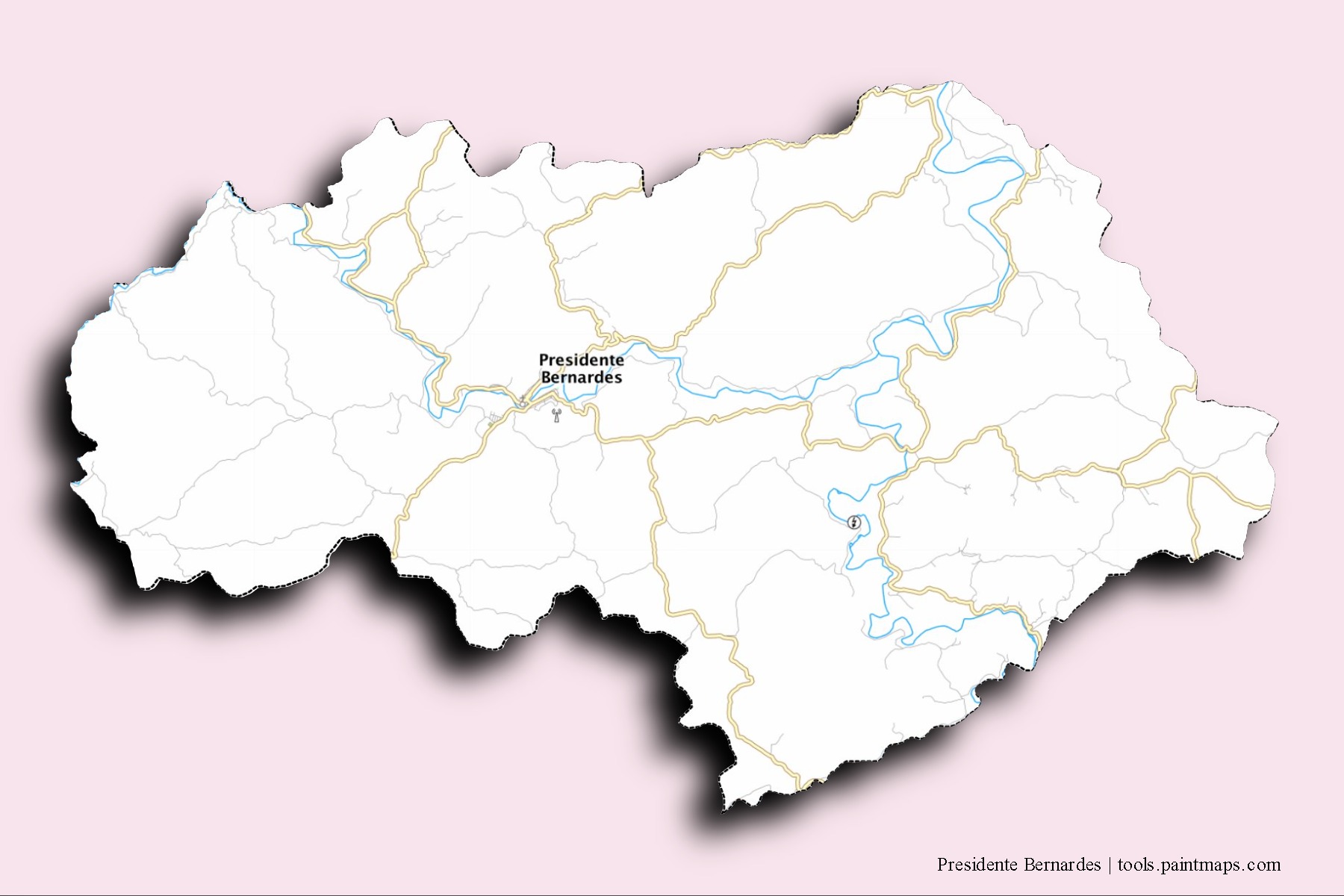 Mapa de barrios y pueblos de Presidente Bernardes con efecto de sombra 3D