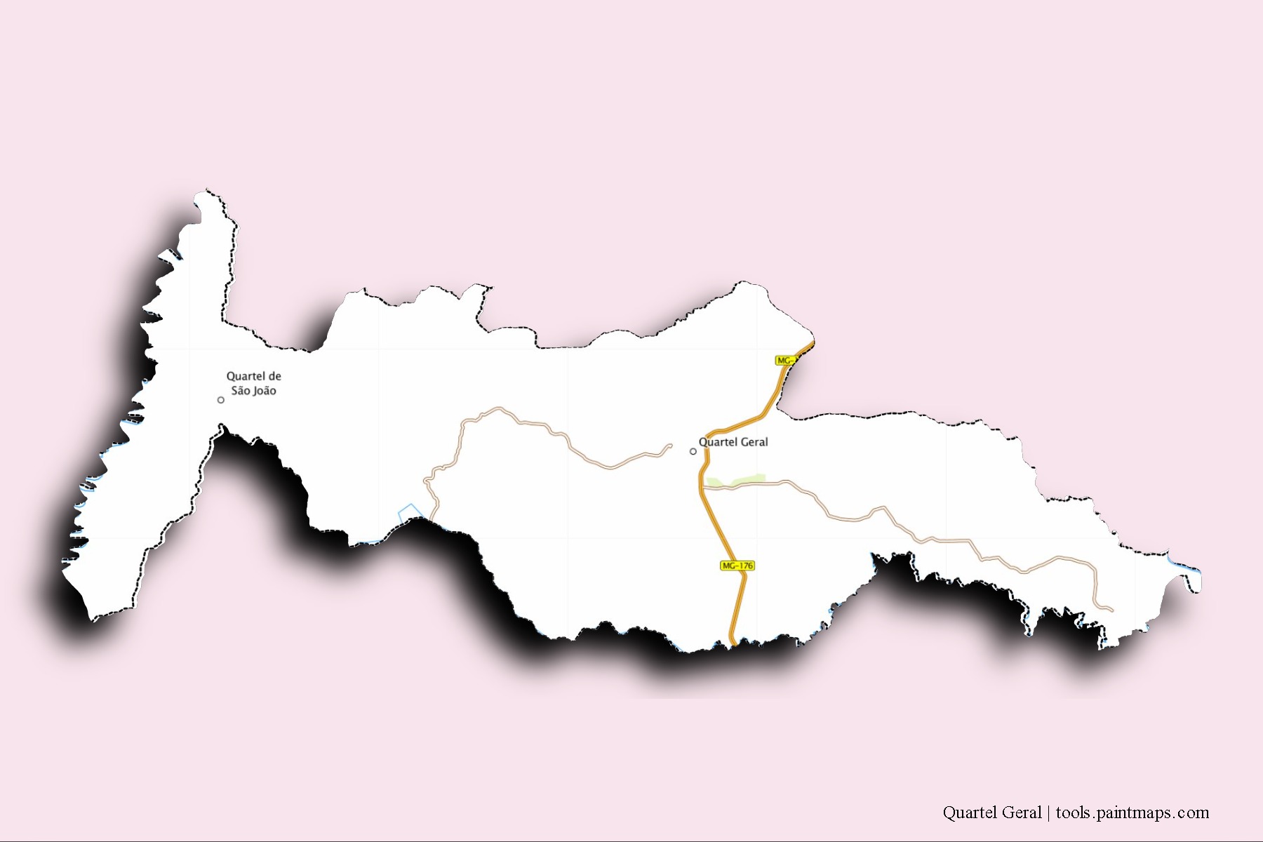 Quartel Geral neighborhoods and villages map with 3D shadow effect