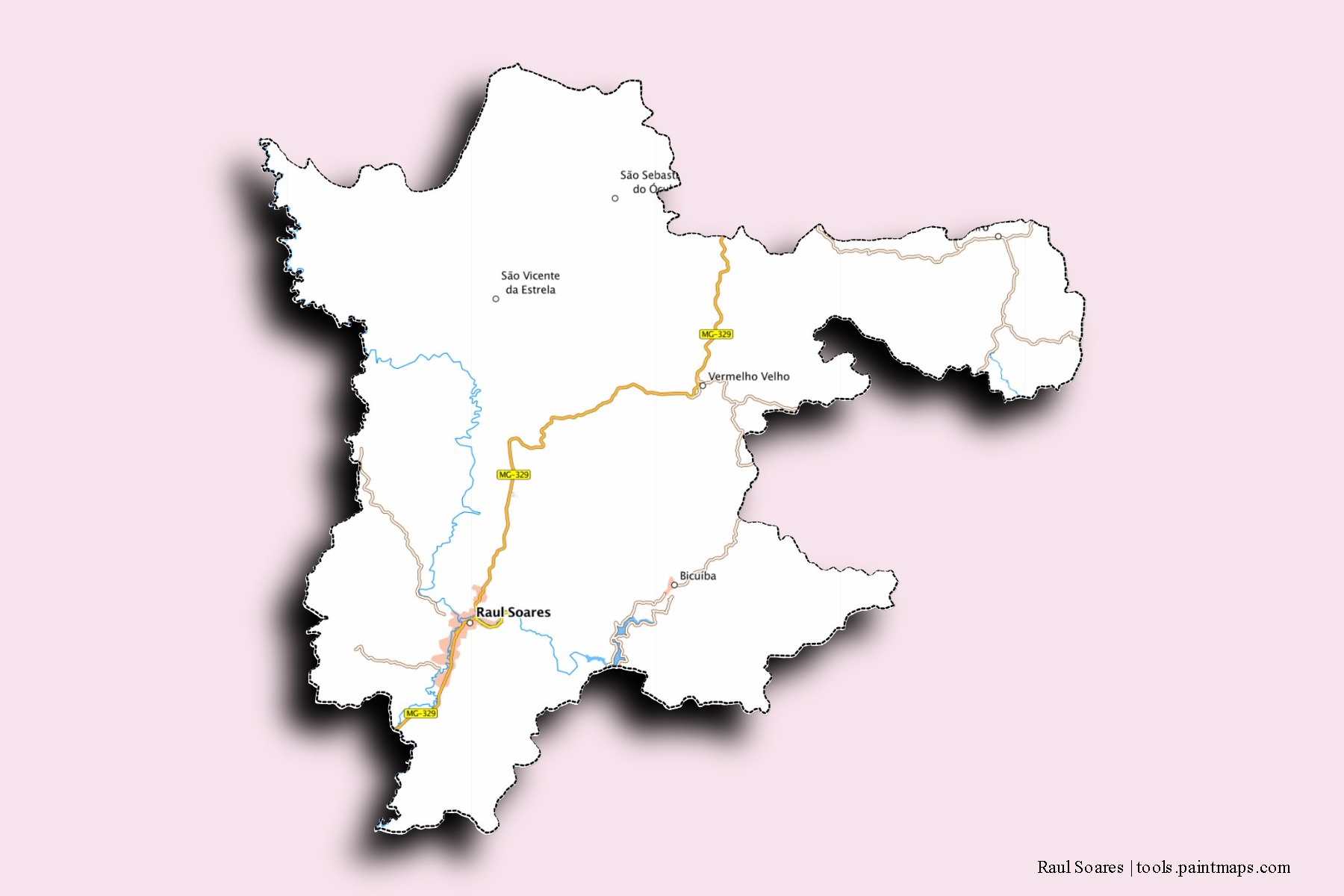 Mapa de barrios y pueblos de Raul Soares con efecto de sombra 3D