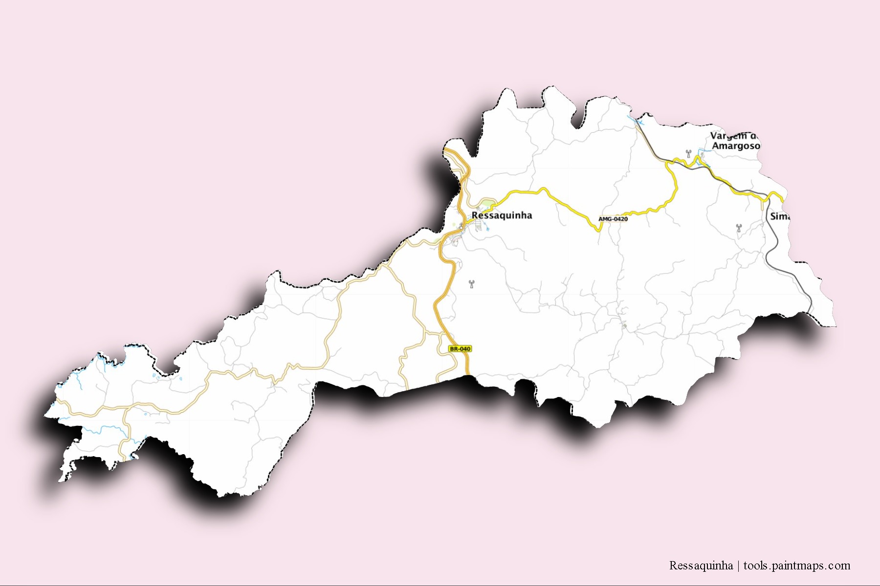 Mapa de barrios y pueblos de Ressaquinha con efecto de sombra 3D