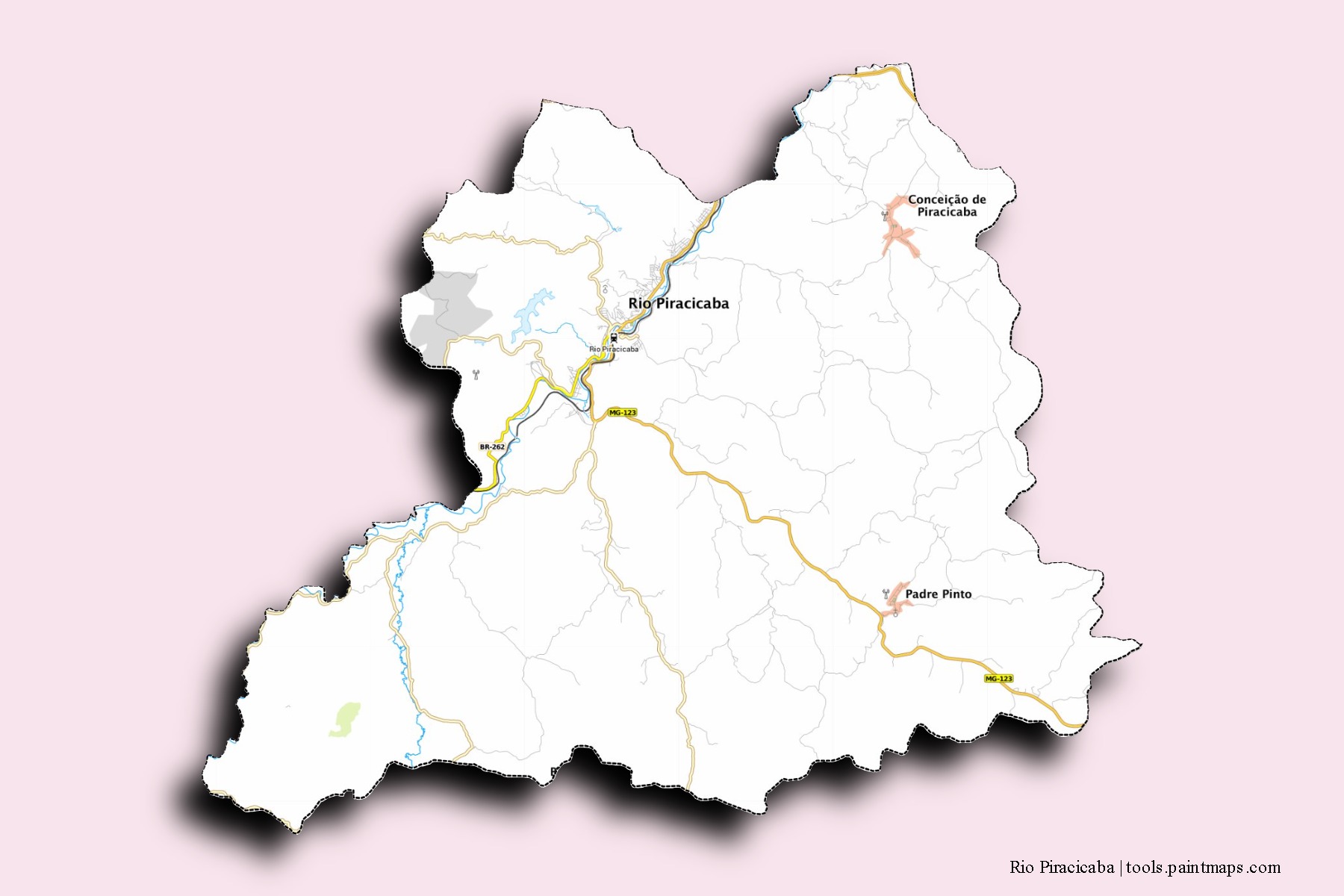 Mapa de barrios y pueblos de Rio Piracicaba con efecto de sombra 3D