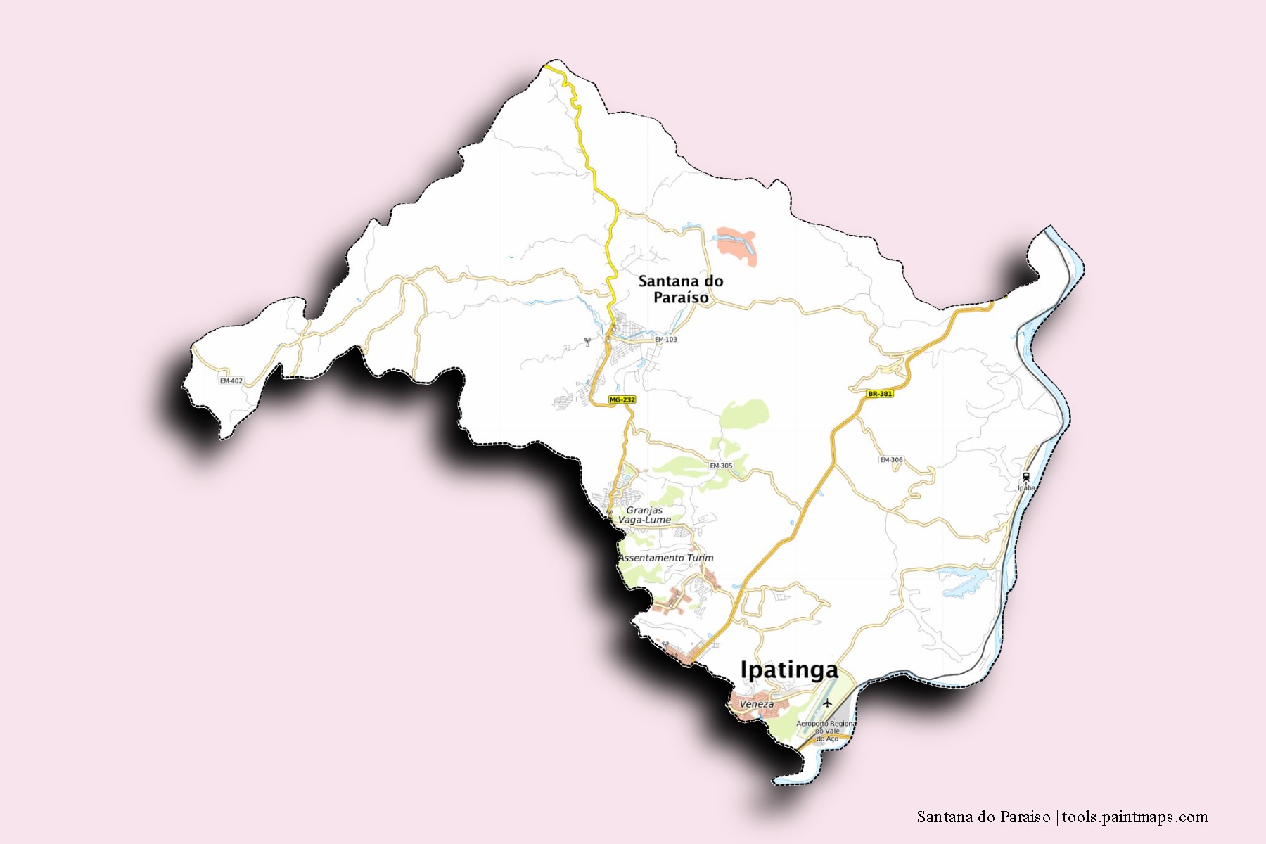 Mapa de barrios y pueblos de Santana do Paraiso con efecto de sombra 3D