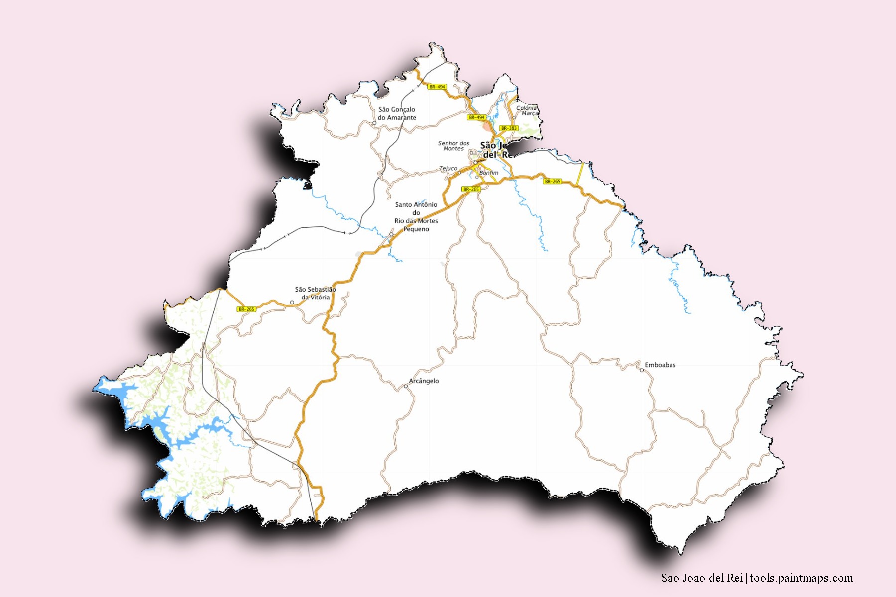 Mapa de barrios y pueblos de Sao Joao del Rei con efecto de sombra 3D