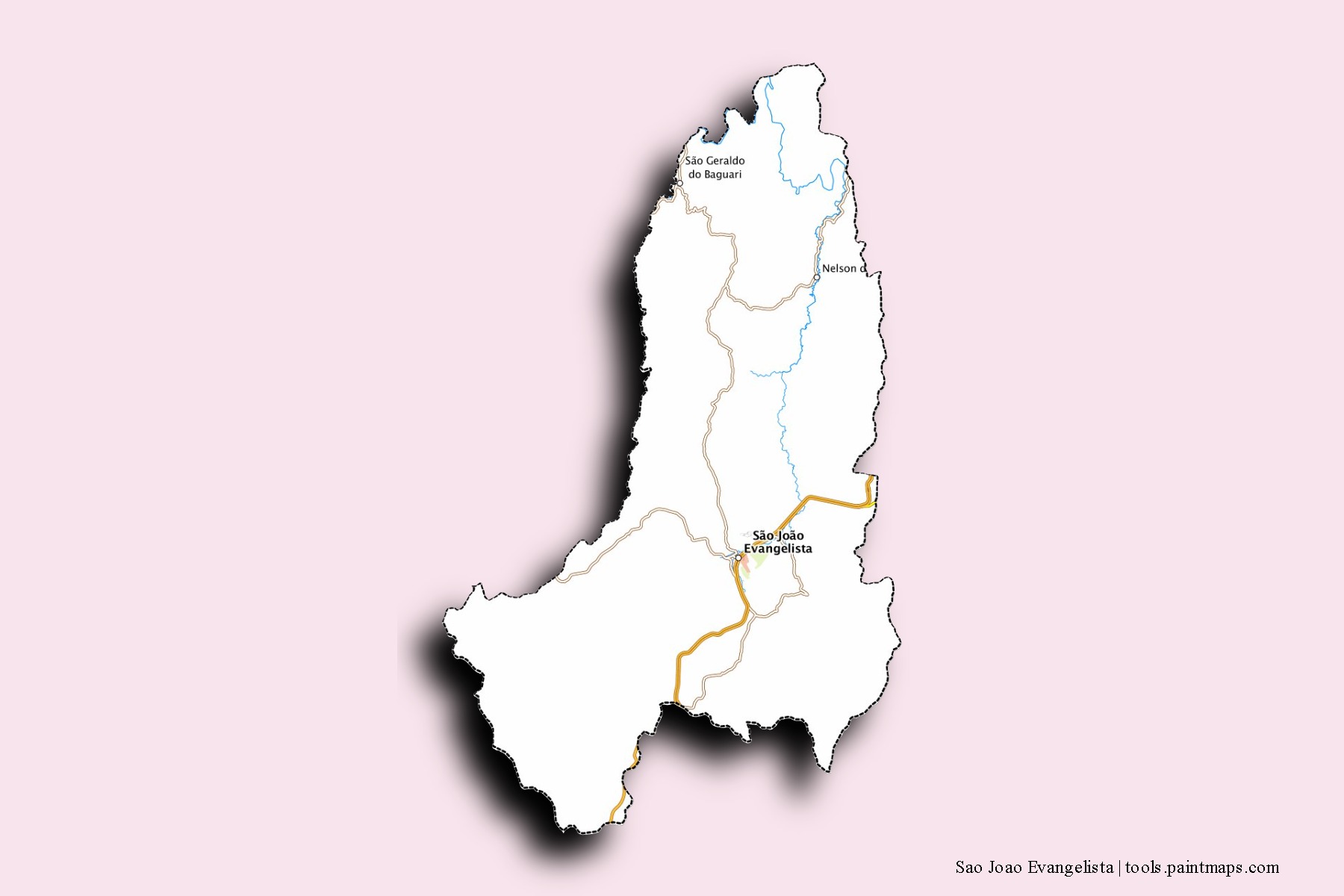 Mapa de barrios y pueblos de Sao Joao Evangelista con efecto de sombra 3D