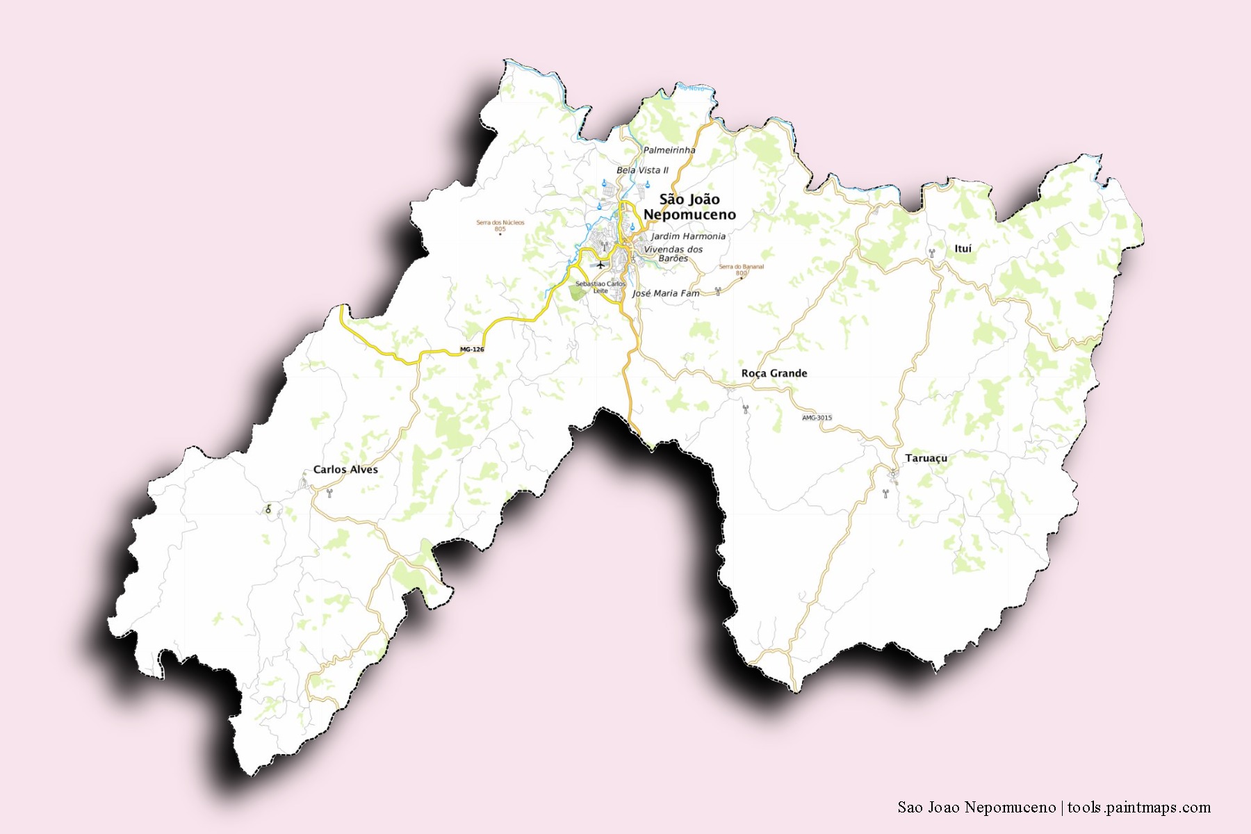 Mapa de barrios y pueblos de Sao Joao Nepomuceno con efecto de sombra 3D