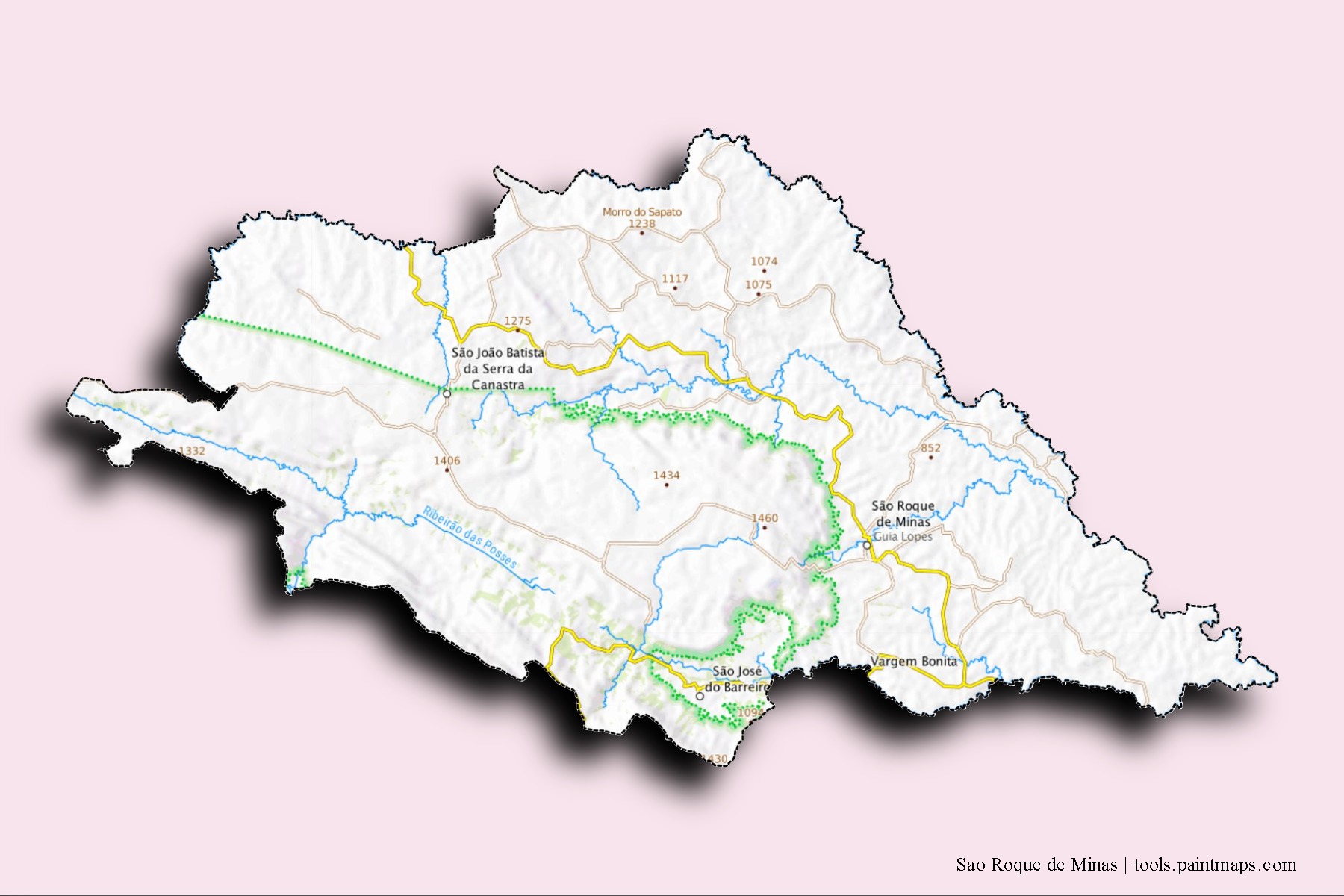 Mapa de barrios y pueblos de Sao Roque de Minas con efecto de sombra 3D