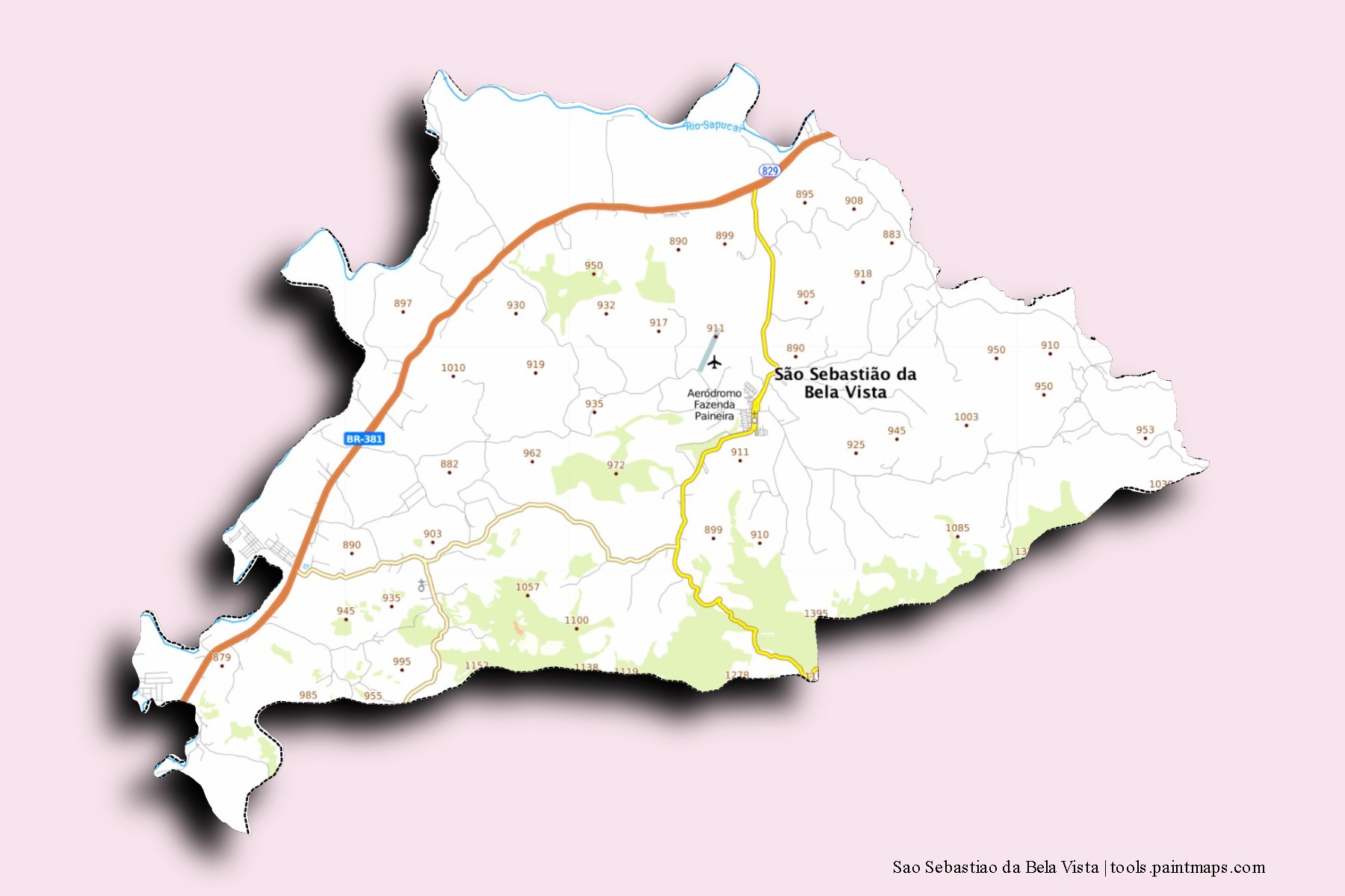 Sao Sebastiao da Bela Vista neighborhoods and villages map with 3D shadow effect