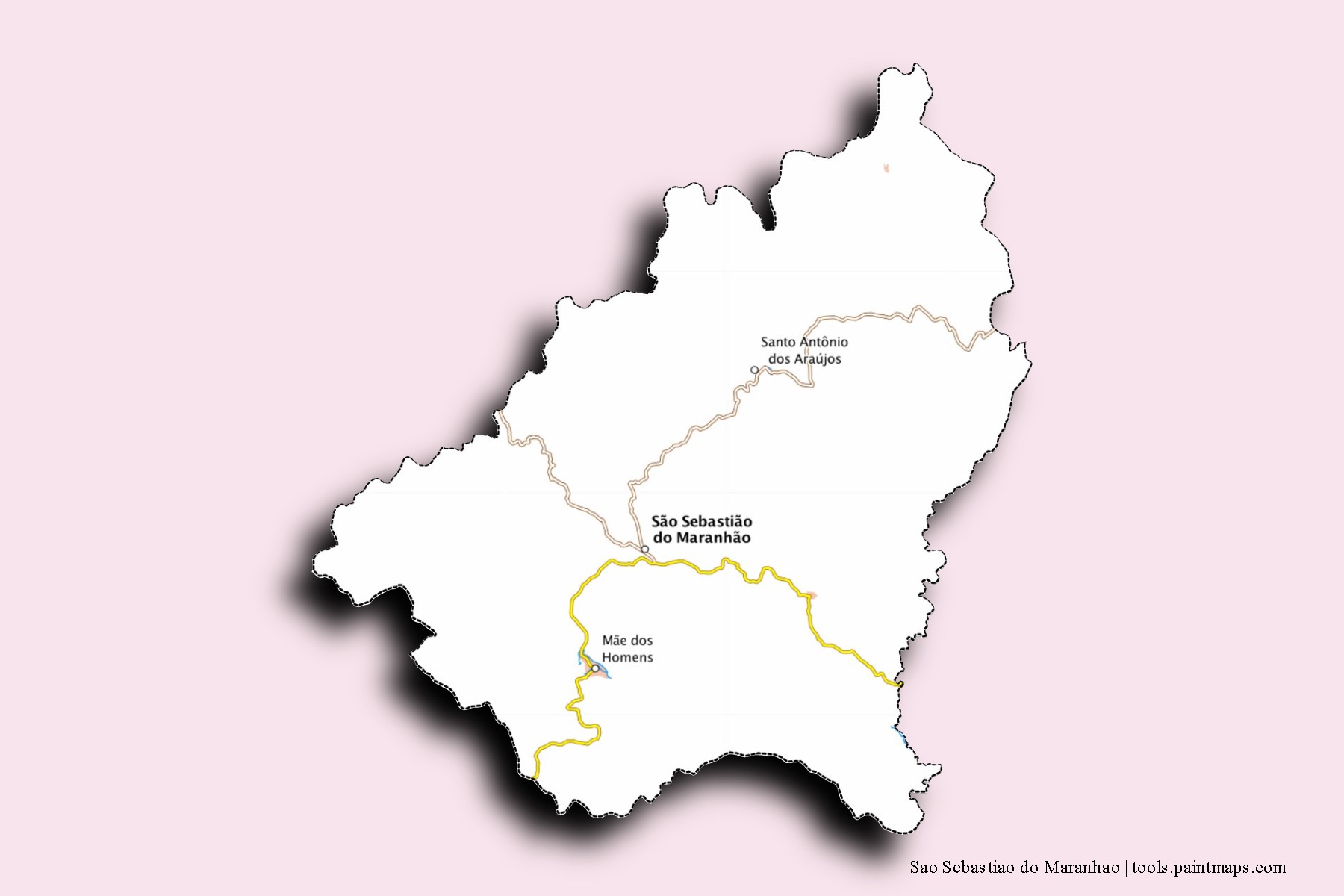 Mapa de barrios y pueblos de Sao Sebastiao do Maranhao con efecto de sombra 3D