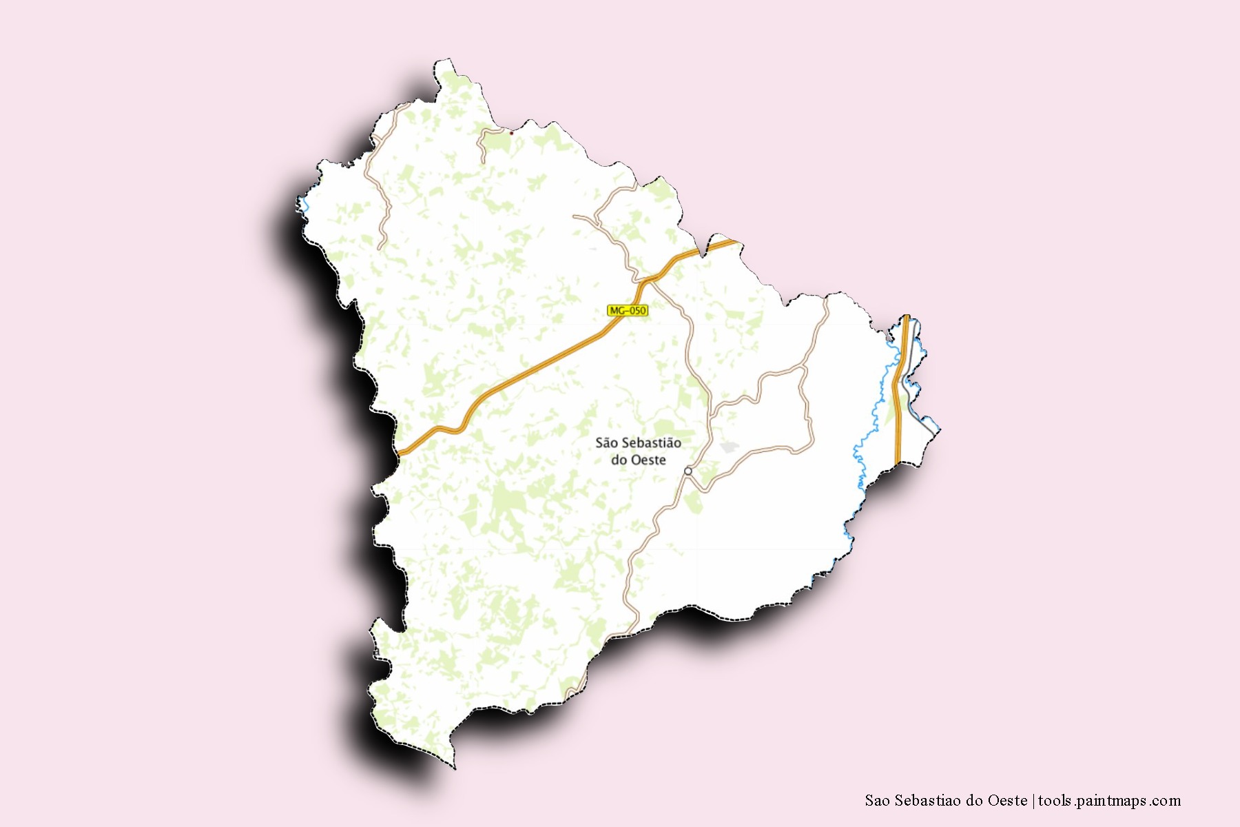 Mapa de barrios y pueblos de Sao Sebastiao do Oeste con efecto de sombra 3D