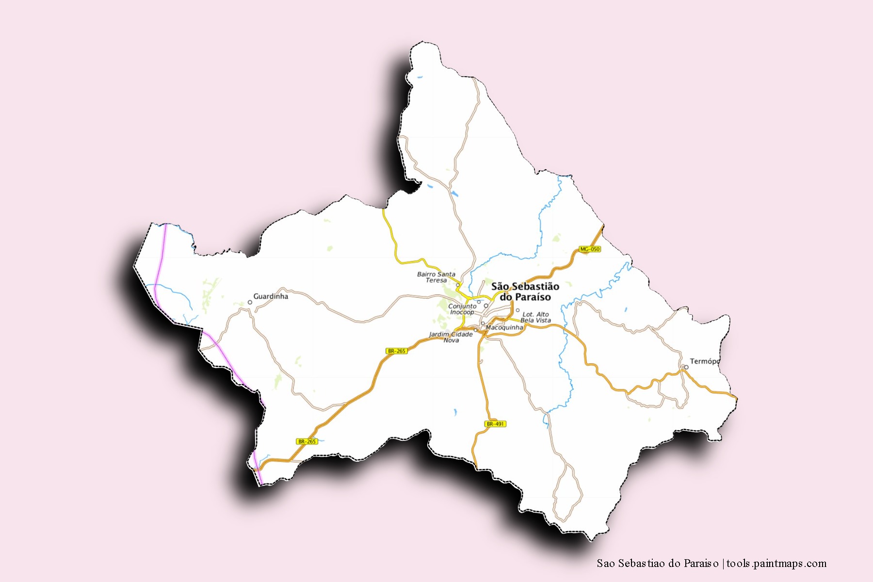 Mapa de barrios y pueblos de Sao Sebastiao do Paraiso con efecto de sombra 3D