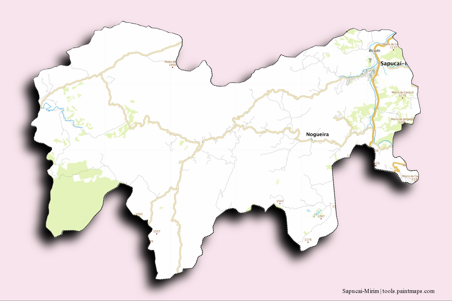 Mapa de barrios y pueblos de Sapucai-Mirim con efecto de sombra 3D
