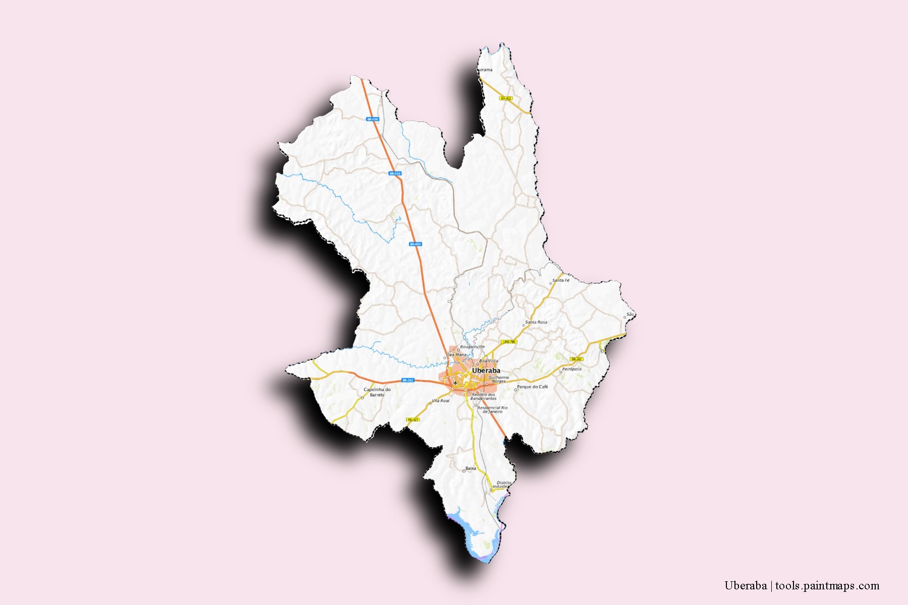 Uberaba neighborhoods and villages map with 3D shadow effect