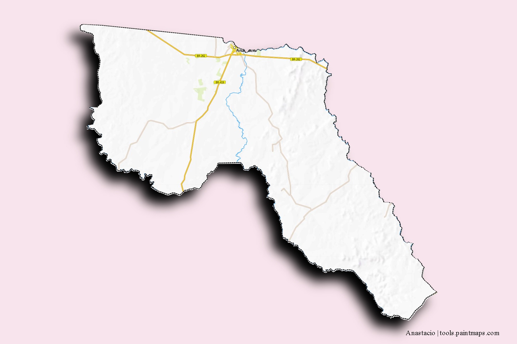 Mapa de barrios y pueblos de Anastacio con efecto de sombra 3D