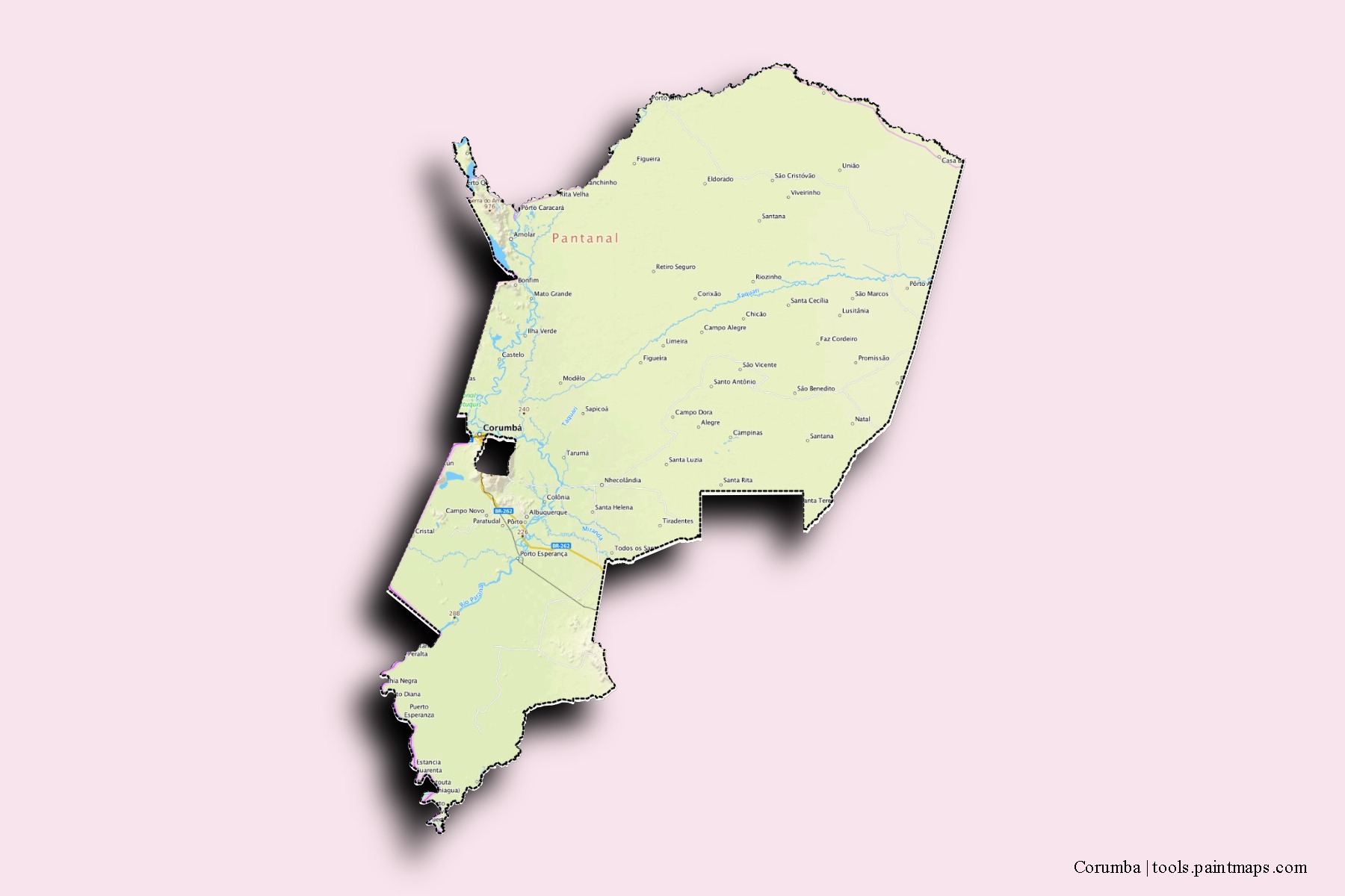 Mapa de barrios y pueblos de Corumba con efecto de sombra 3D