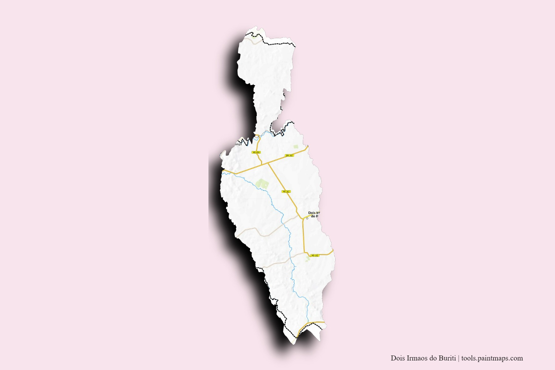 Mapa de barrios y pueblos de Dois Irmaos do Buriti con efecto de sombra 3D