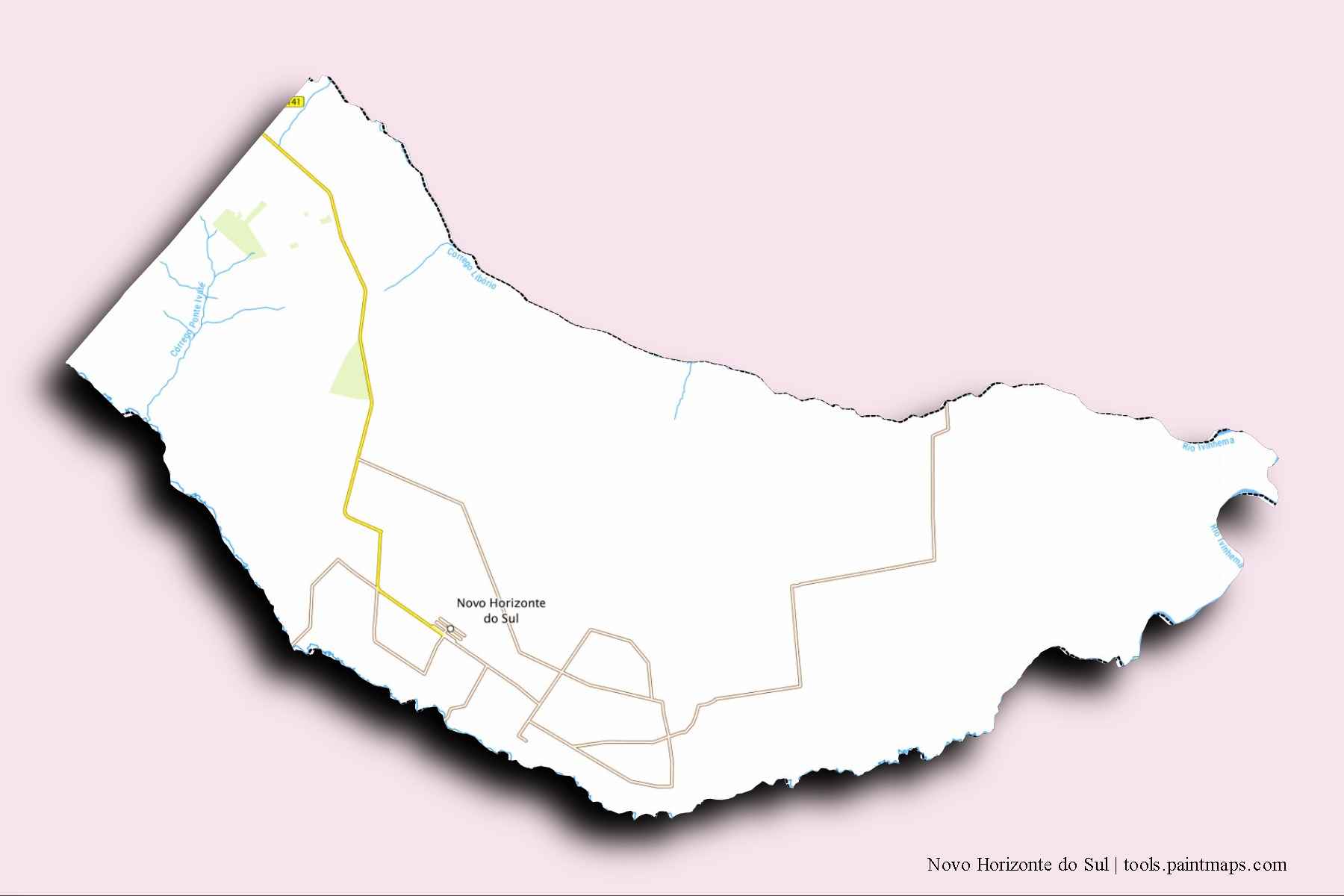 Mapa de barrios y pueblos de Novo Horizonte do Sul con efecto de sombra 3D