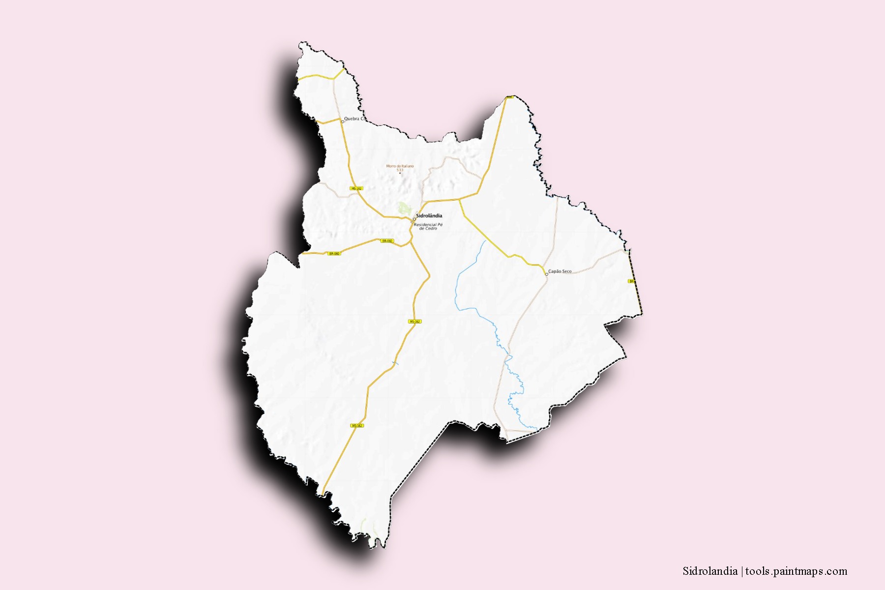 Mapa de barrios y pueblos de Sidrolandia con efecto de sombra 3D