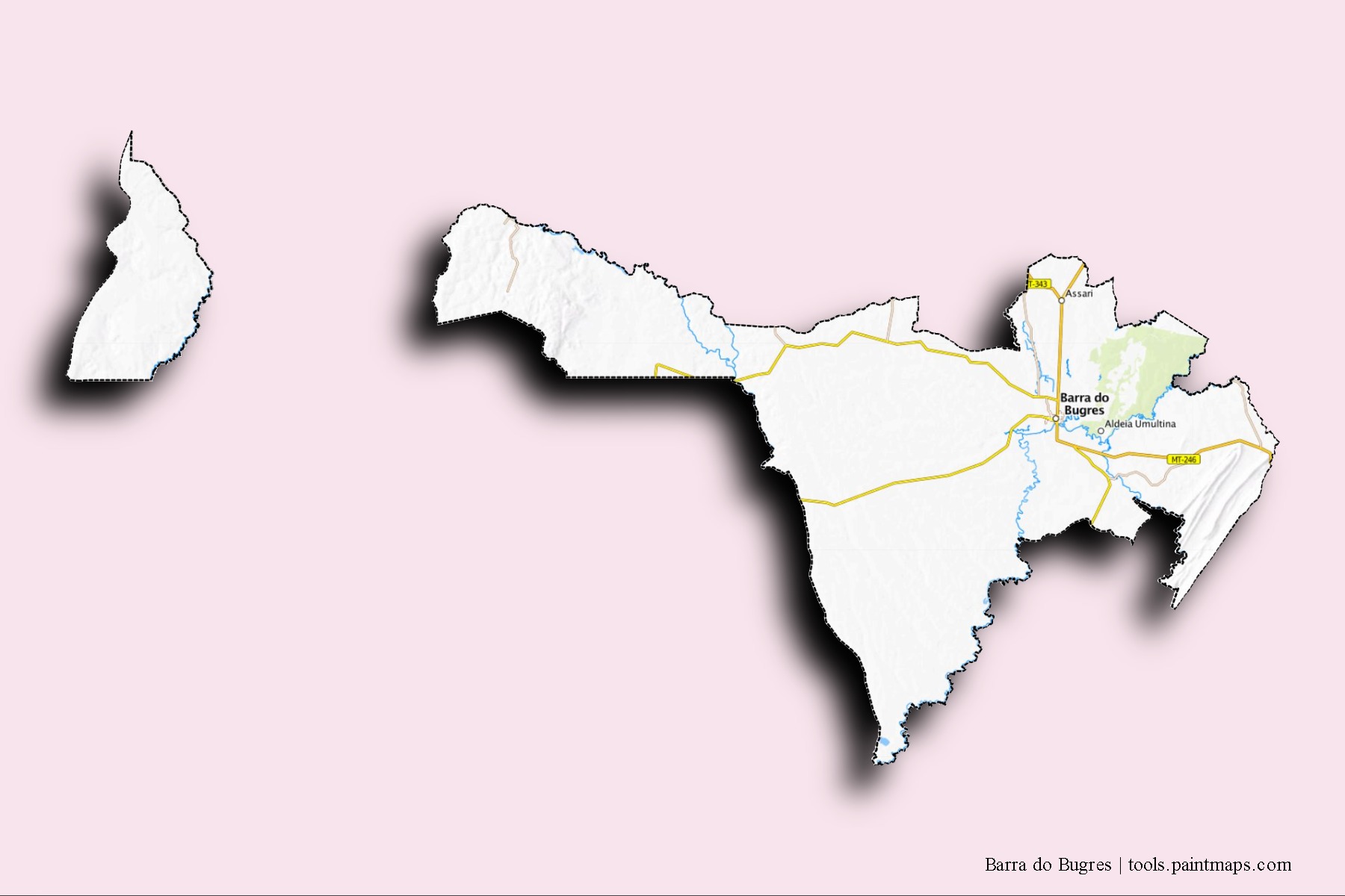 Mapa de barrios y pueblos de Barra do Bugres con efecto de sombra 3D