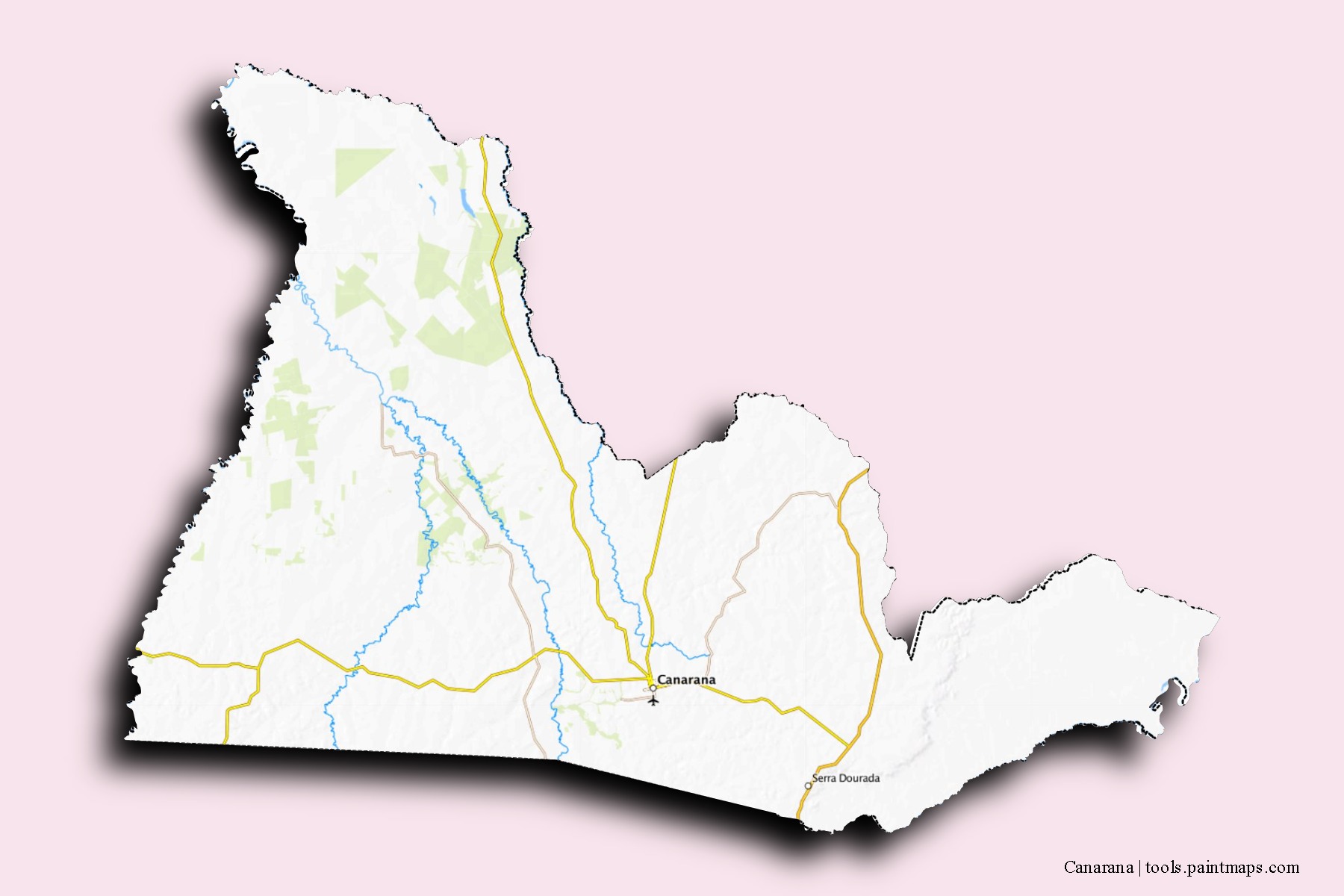 Canarana neighborhoods and villages map with 3D shadow effect