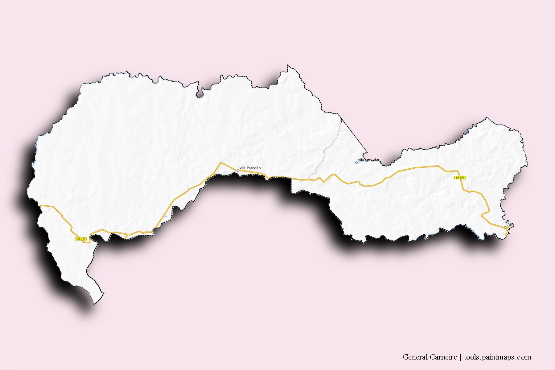 Mapa de barrios y pueblos de General Carneiro con efecto de sombra 3D