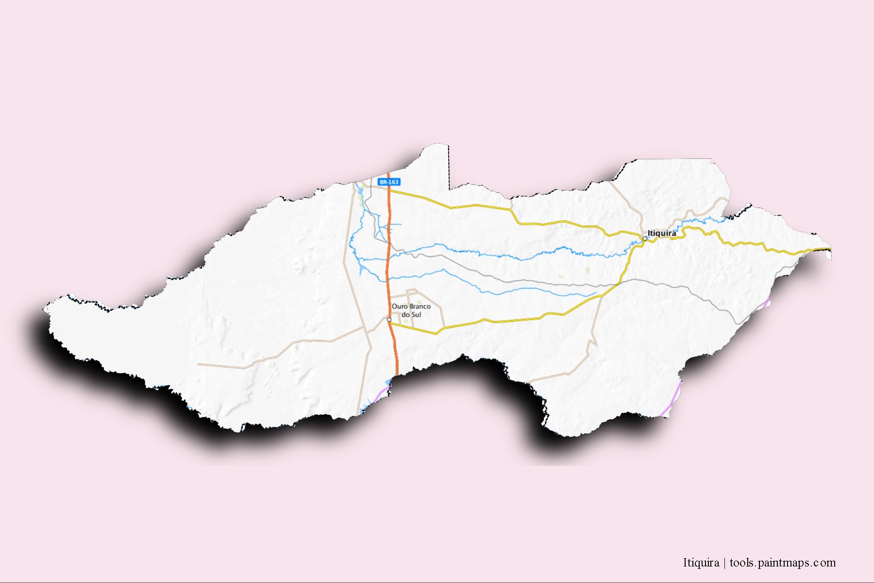 Itiquira neighborhoods and villages map with 3D shadow effect