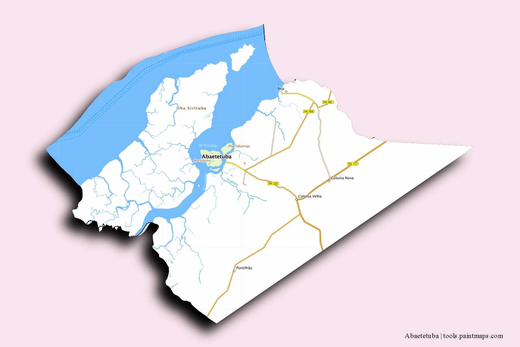 Mapa de barrios y pueblos de Abaetetuba con efecto de sombra 3D
