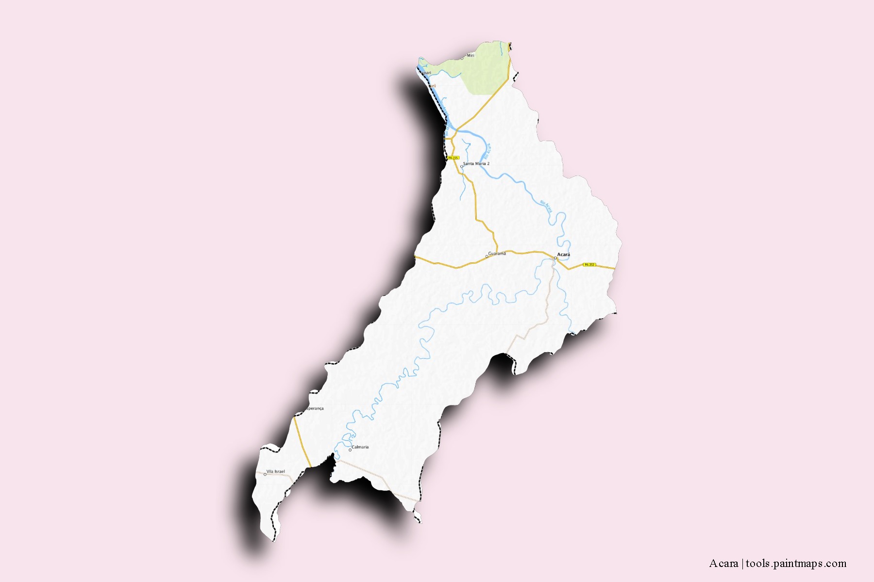 Mapa de barrios y pueblos de Acara con efecto de sombra 3D