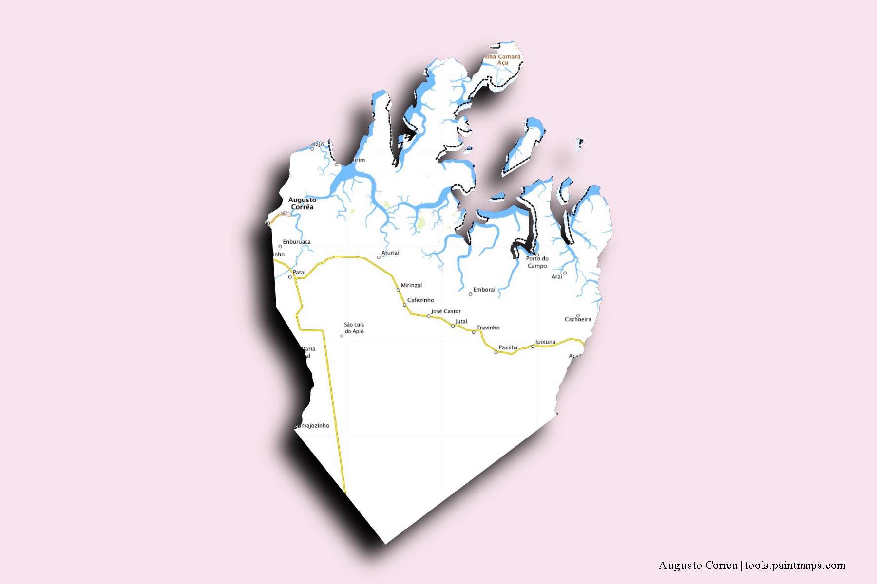 Mapa de barrios y pueblos de Augusto Correa con efecto de sombra 3D