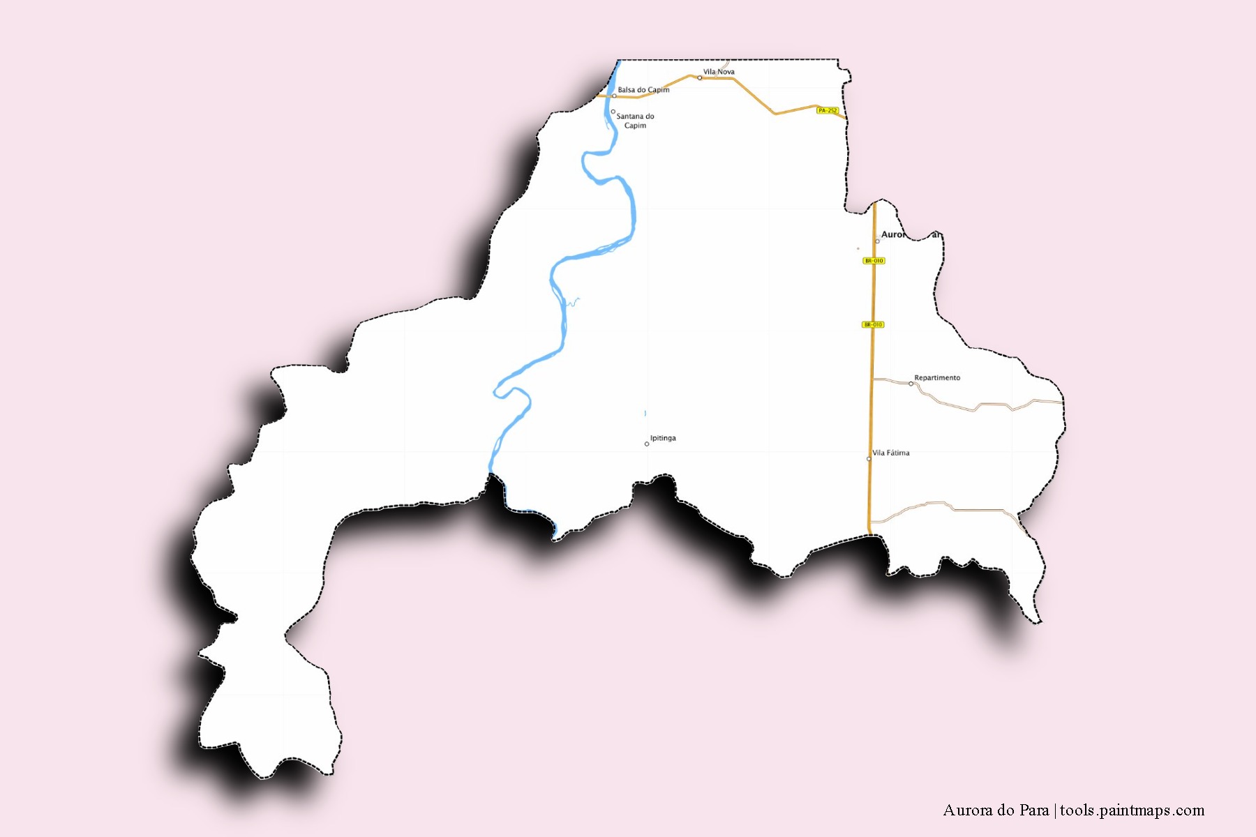 Mapa de barrios y pueblos de Aurora do Para con efecto de sombra 3D