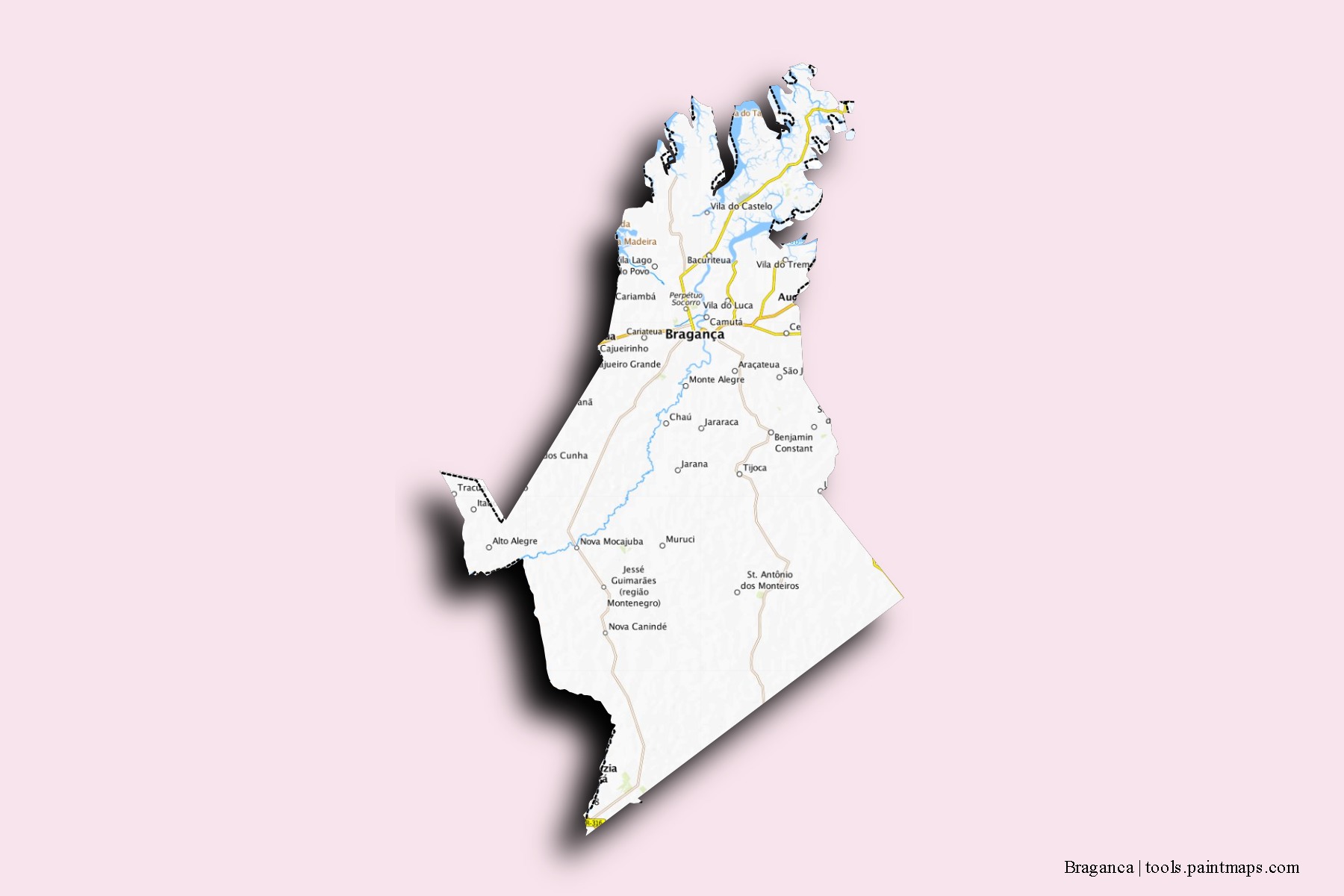 Braganca neighborhoods and villages map with 3D shadow effect