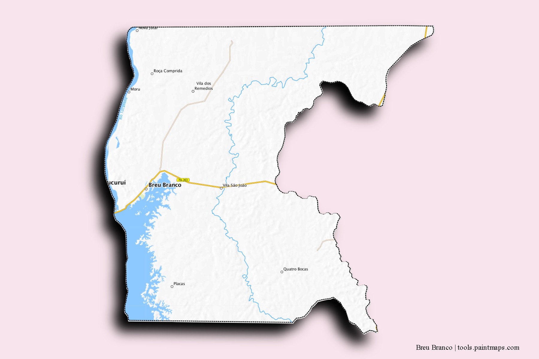 Mapa de barrios y pueblos de Breu Branco con efecto de sombra 3D