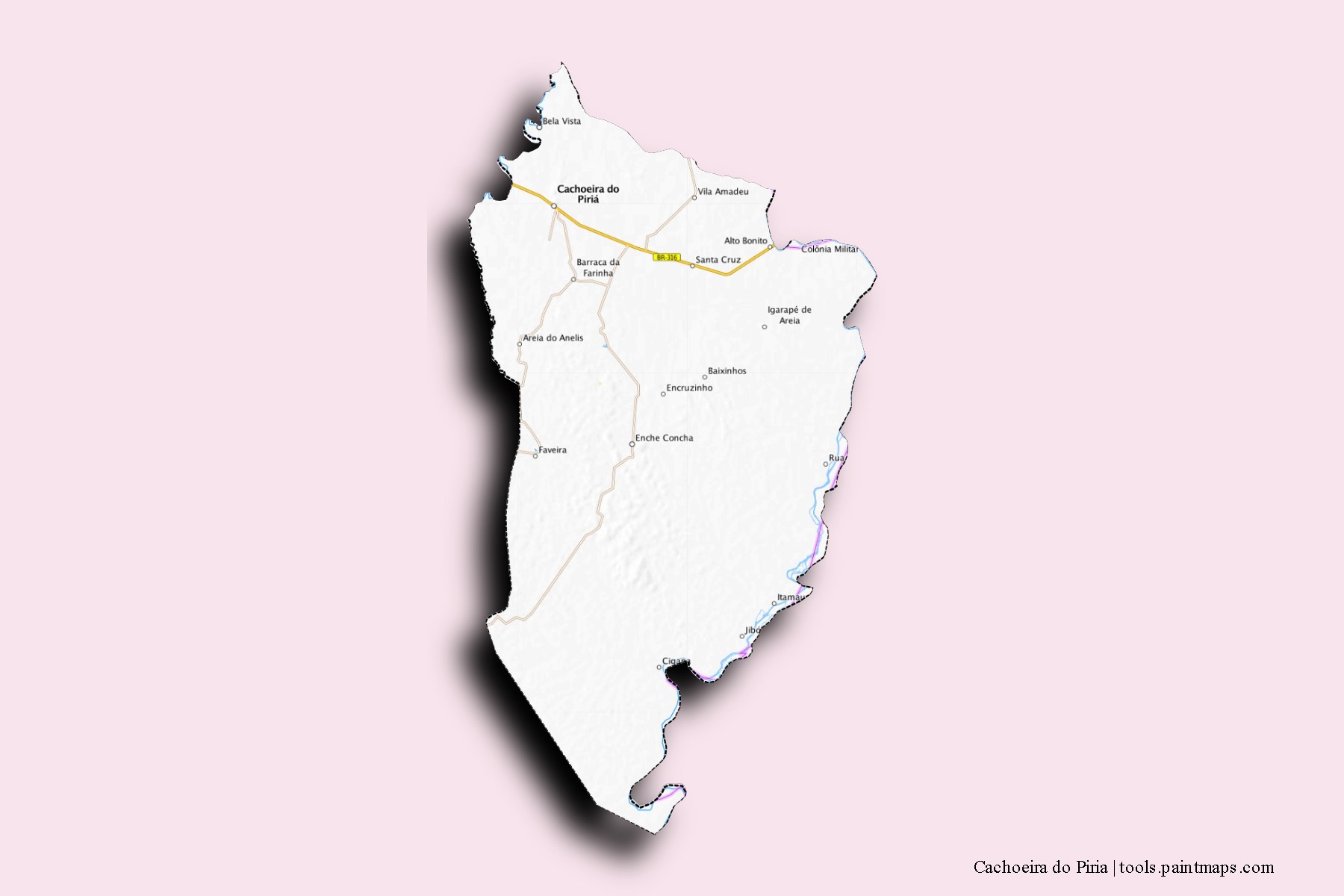 Mapa de barrios y pueblos de Cachoeira do Piria con efecto de sombra 3D