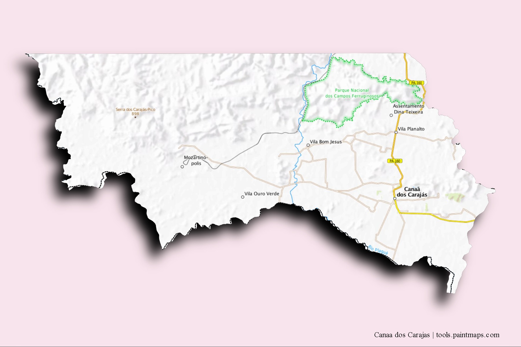 Mapa de barrios y pueblos de Canaa dos Carajas con efecto de sombra 3D