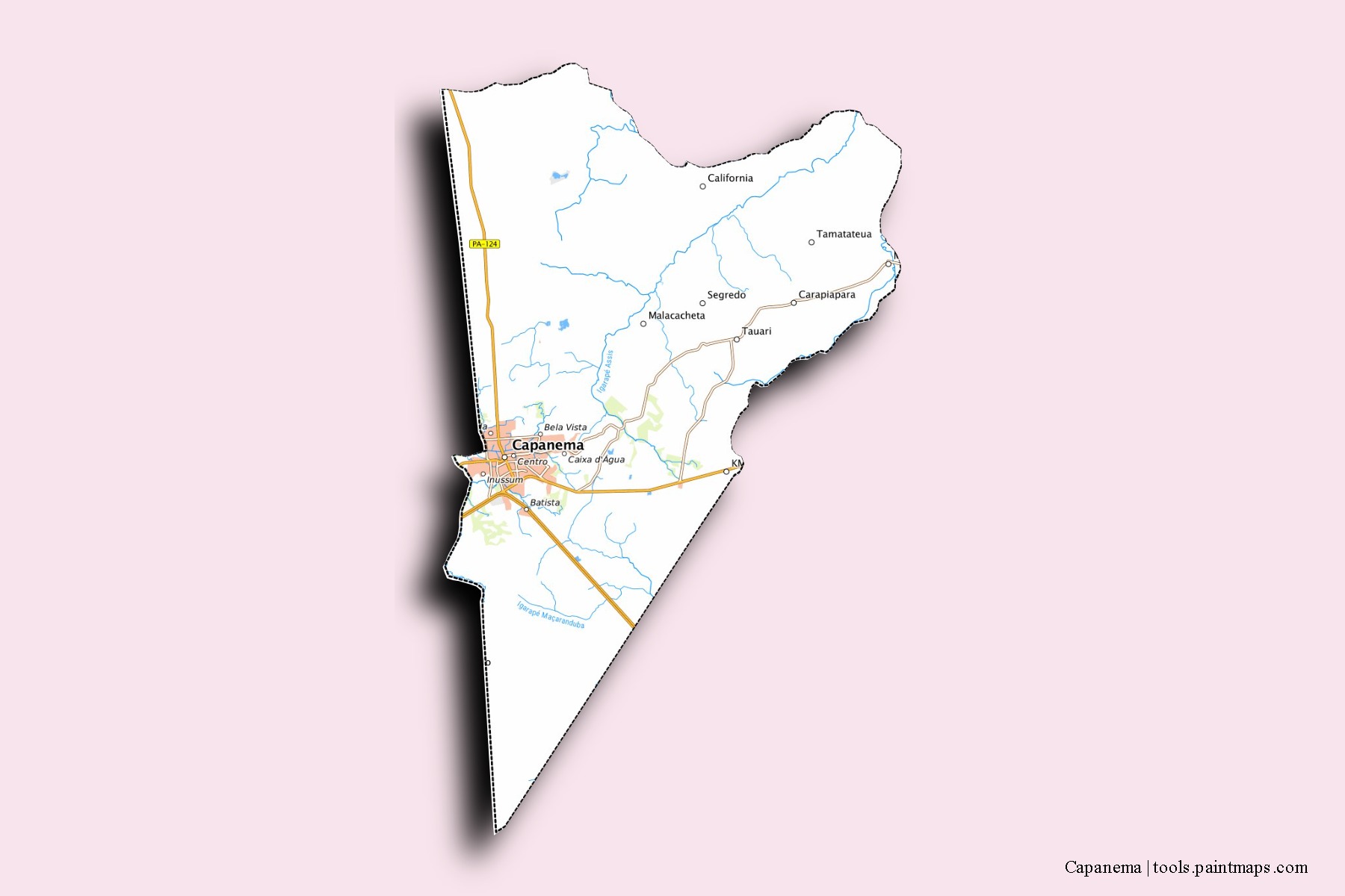 Mapa de barrios y pueblos de Capanema con efecto de sombra 3D