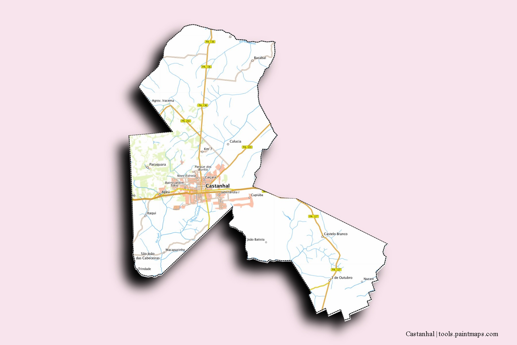 Castanhal neighborhoods and villages map with 3D shadow effect